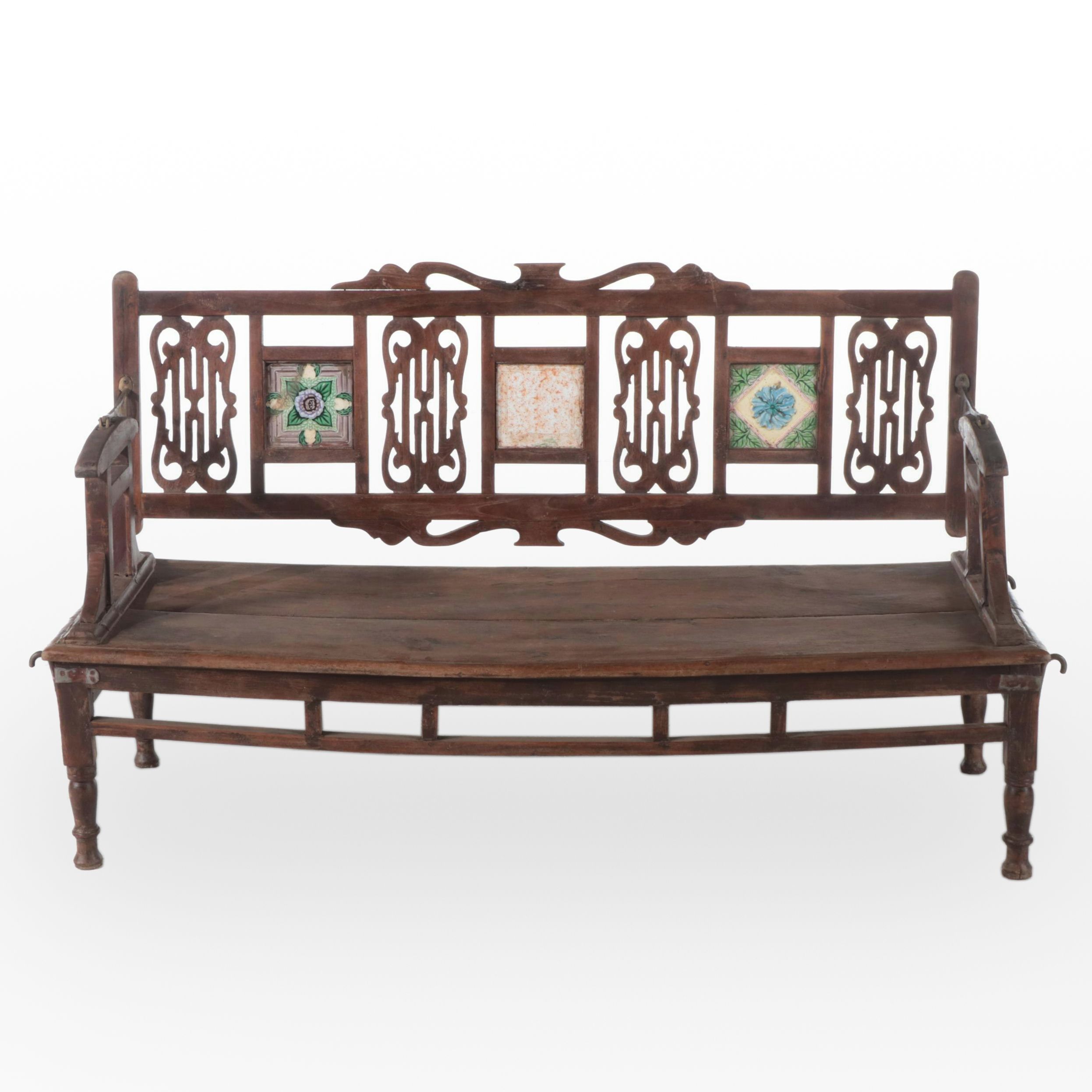 Anglo-Indian Teakwood and Ceramic Tile Bench