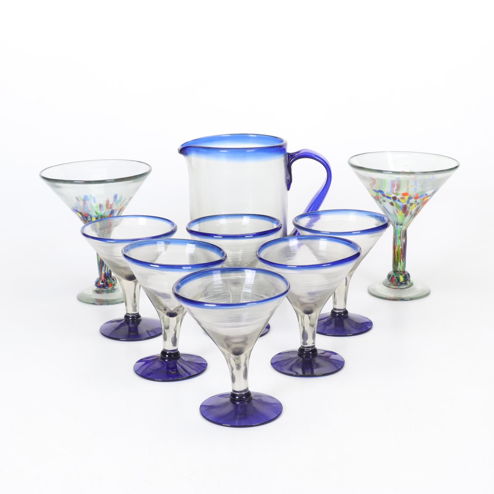 Mexican Hand Blown Glass Drink Set With Two Art Glass Stems