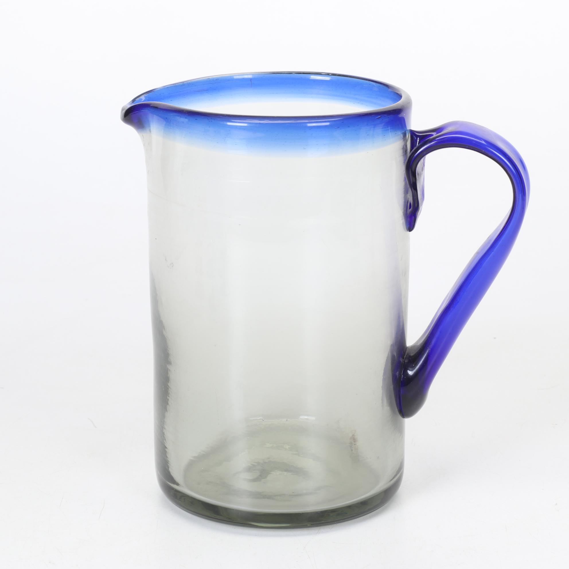 Mexican Hand Blown Glass Drink Set With Two Art Glass Stems