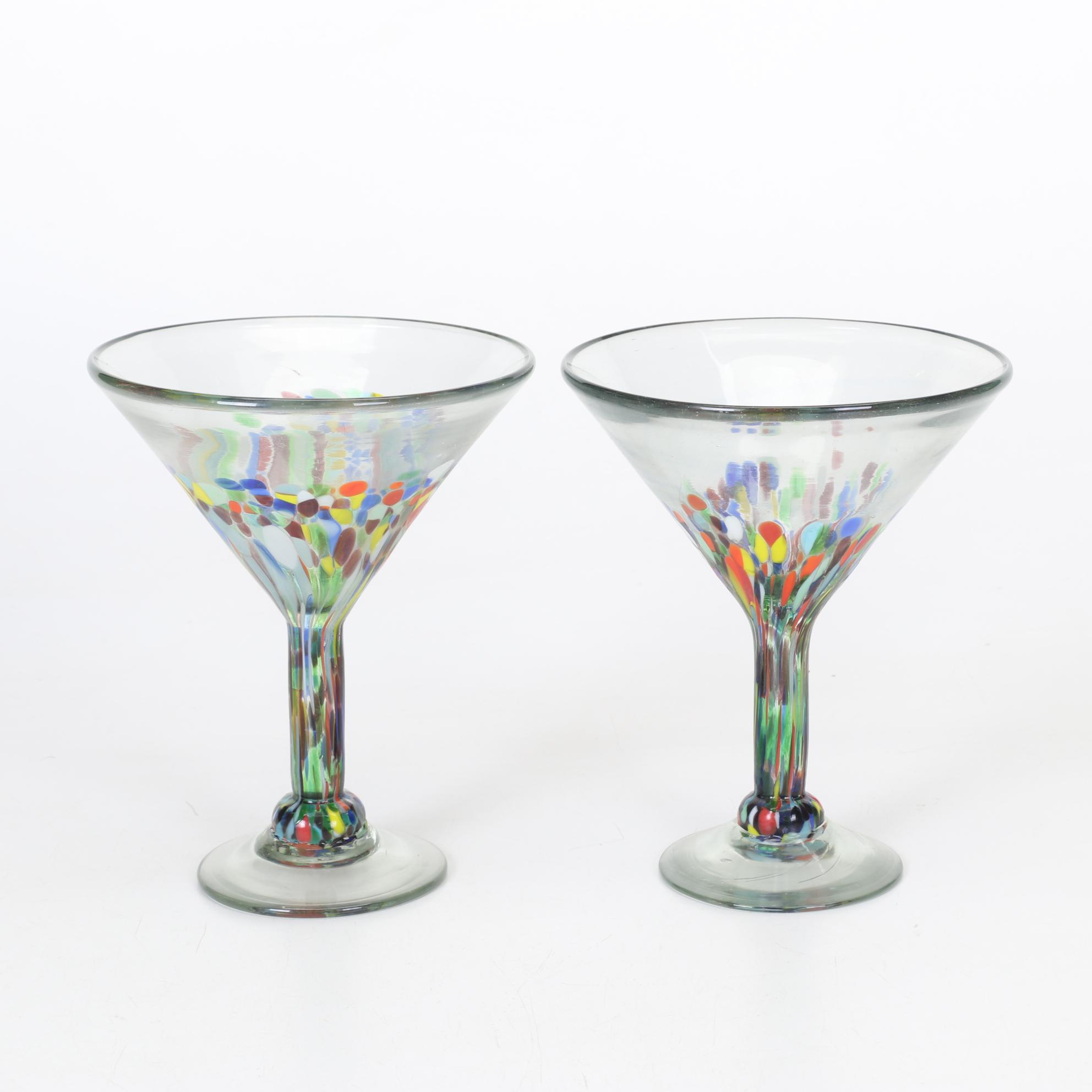 Mexican Hand Blown Glass Drink Set With Two Art Glass Stems