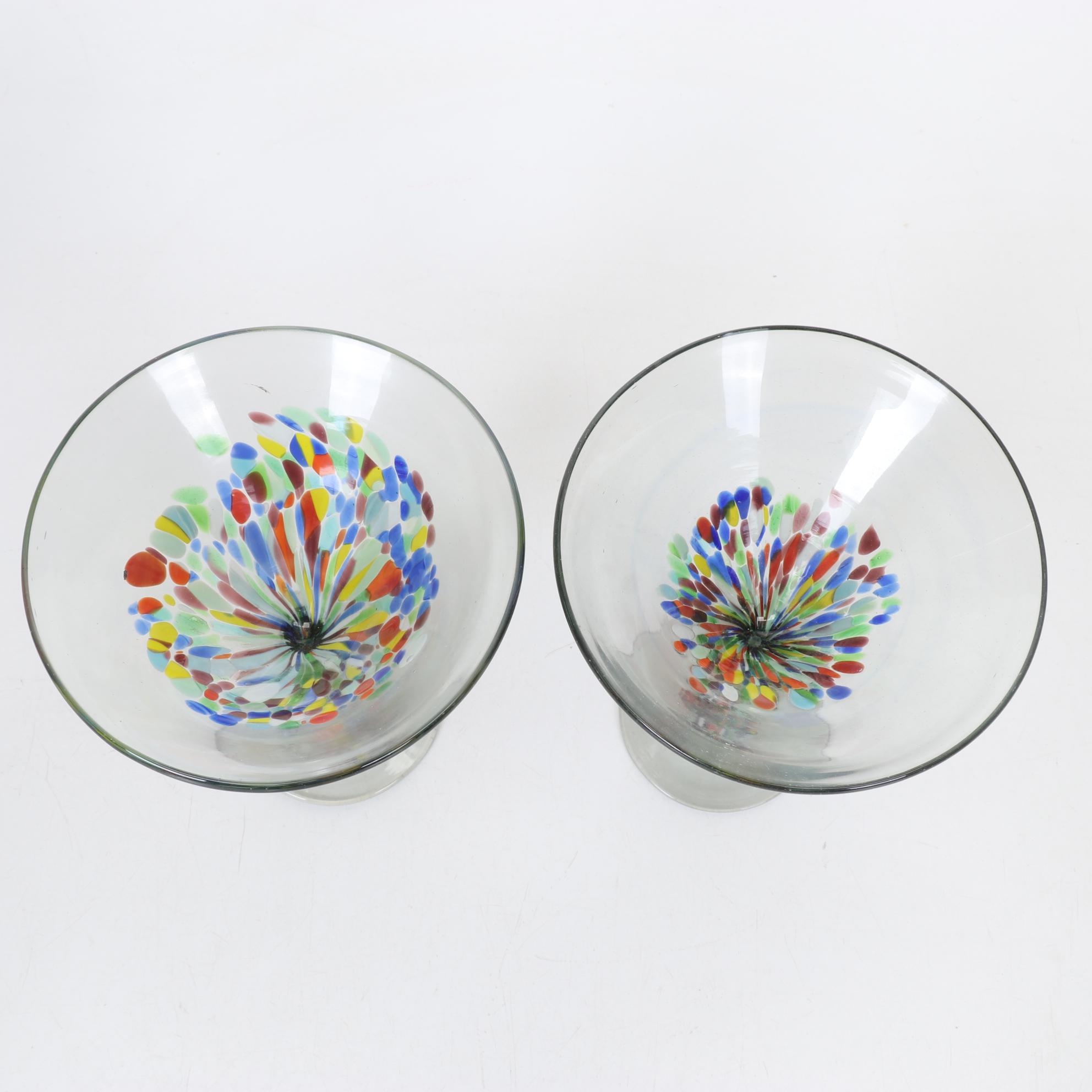 Mexican Hand Blown Glass Drink Set With Two Art Glass Stems