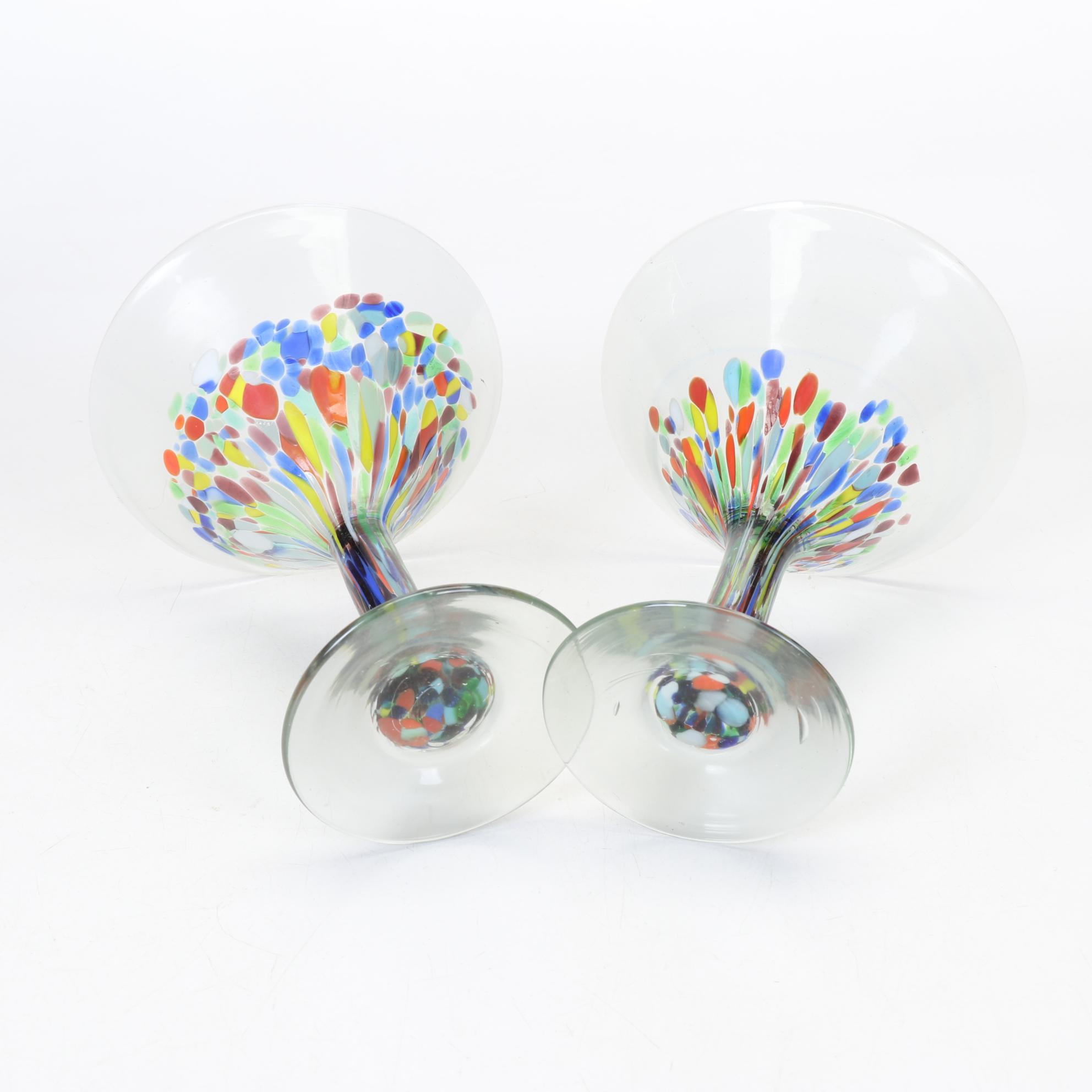 Mexican Hand Blown Glass Drink Set With Two Art Glass Stems