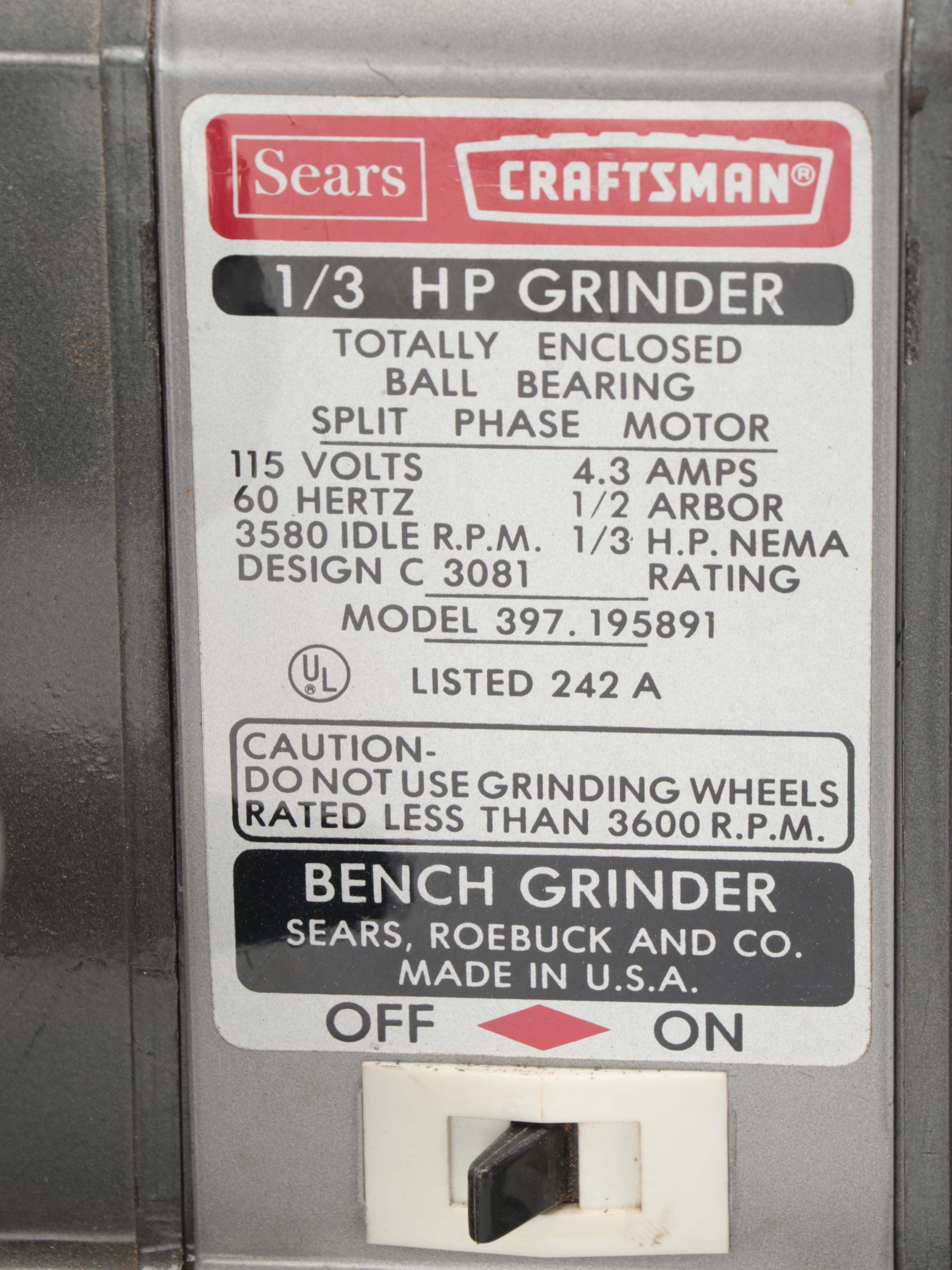 Craftsman 1/3 HP Dual Head Bench Grinder With Delta Sharpener, Late 20th Century