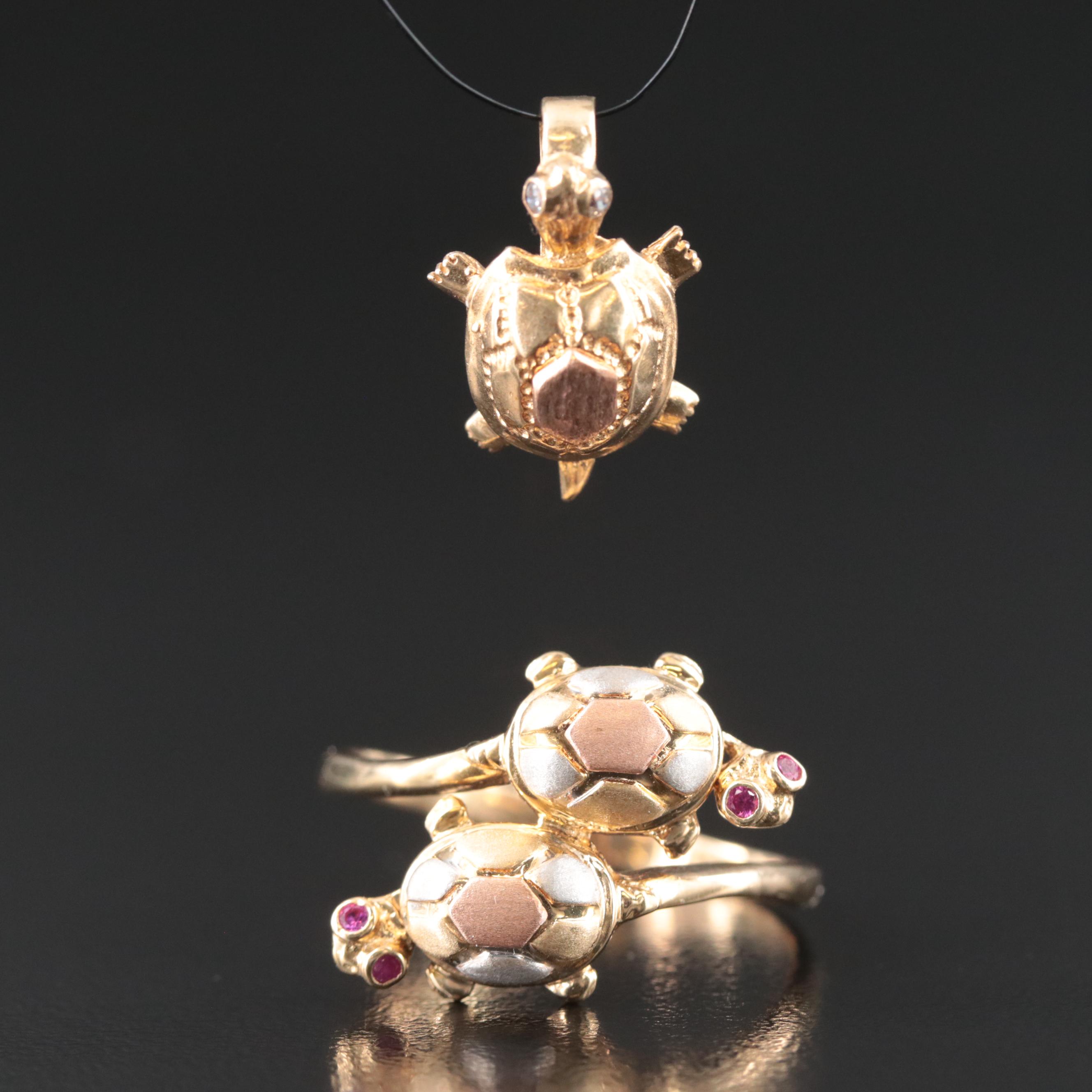 14K Turtle Ring with Articulated Heads and 10K Turtle Pendant