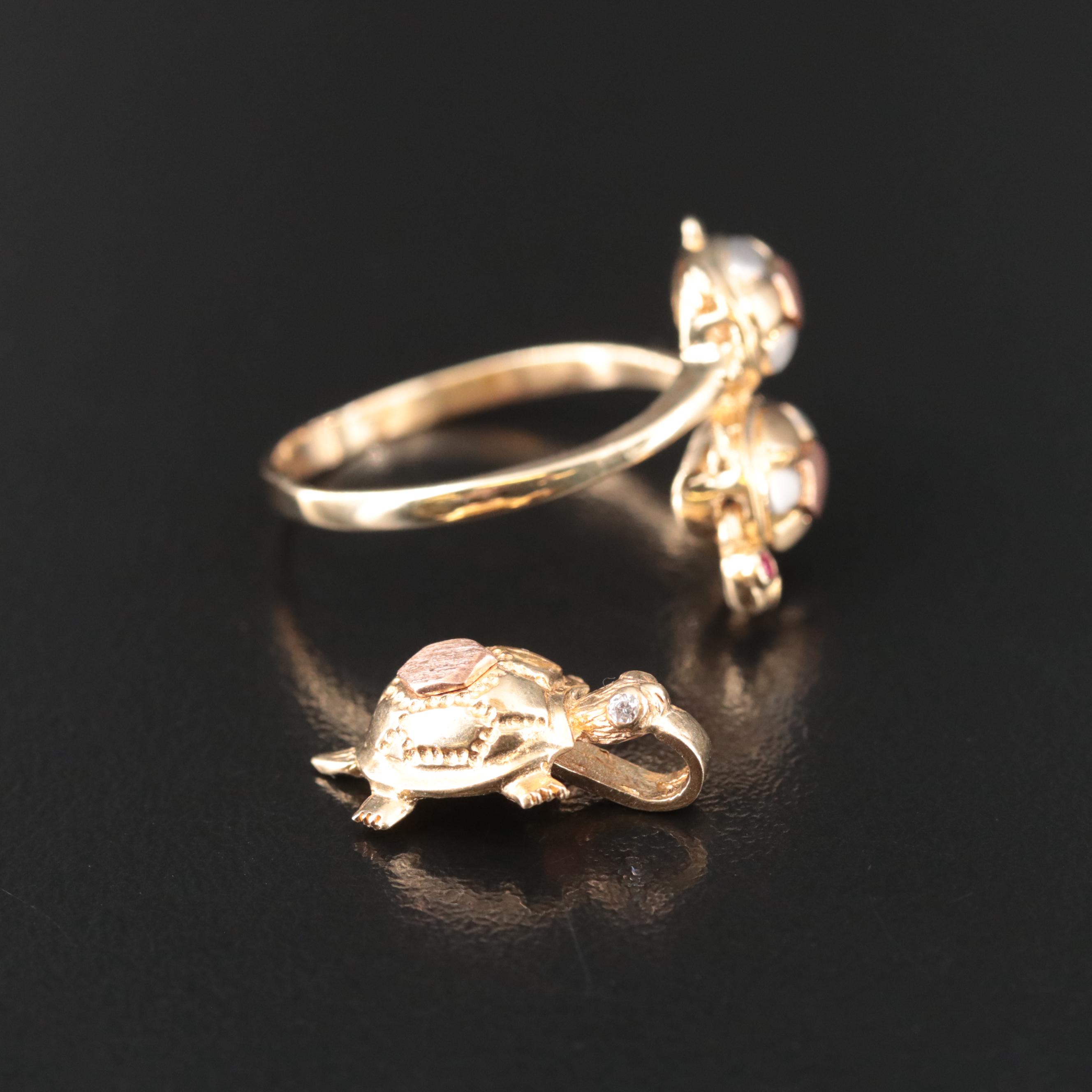 14K Turtle Ring with Articulated Heads and 10K Turtle Pendant