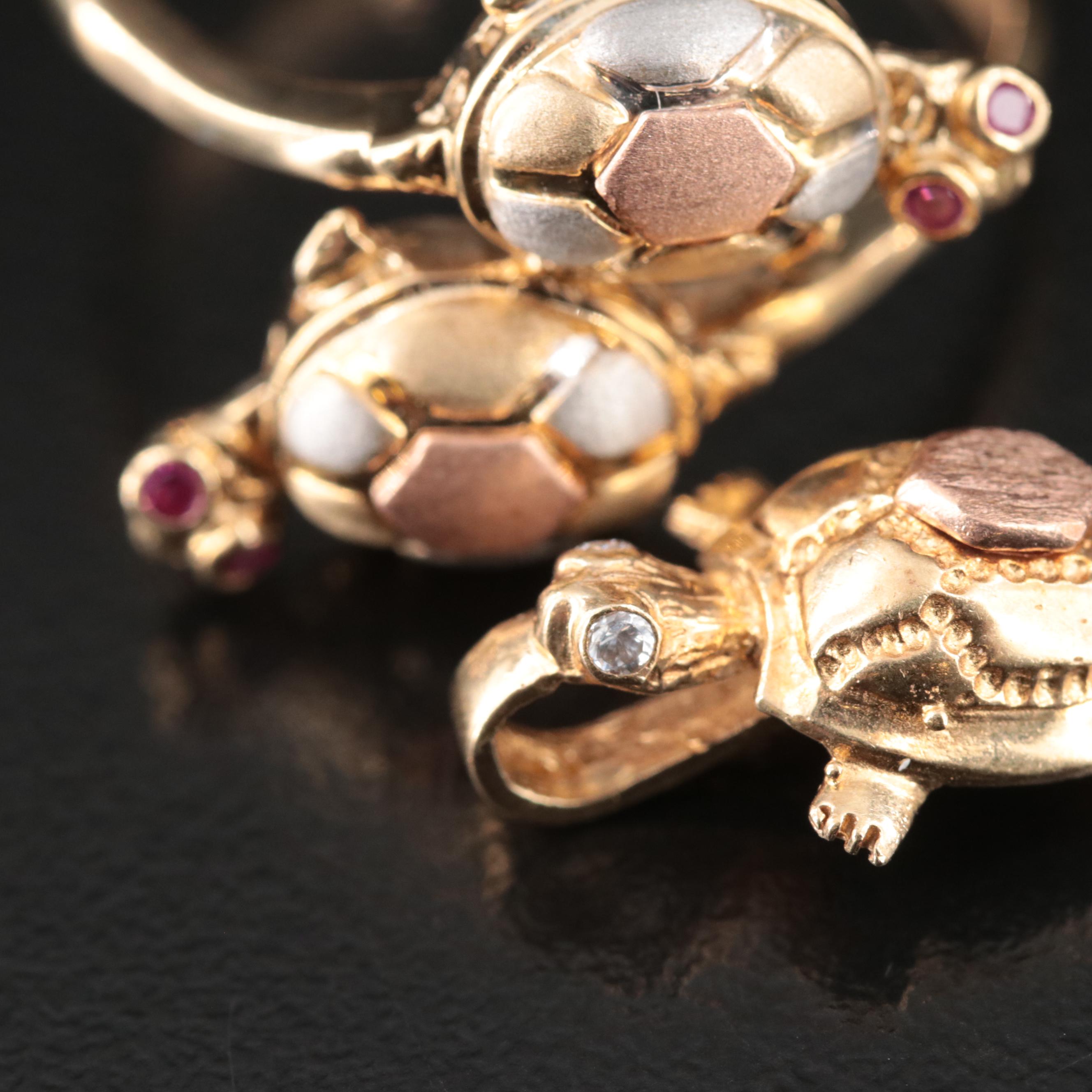 14K Turtle Ring with Articulated Heads and 10K Turtle Pendant