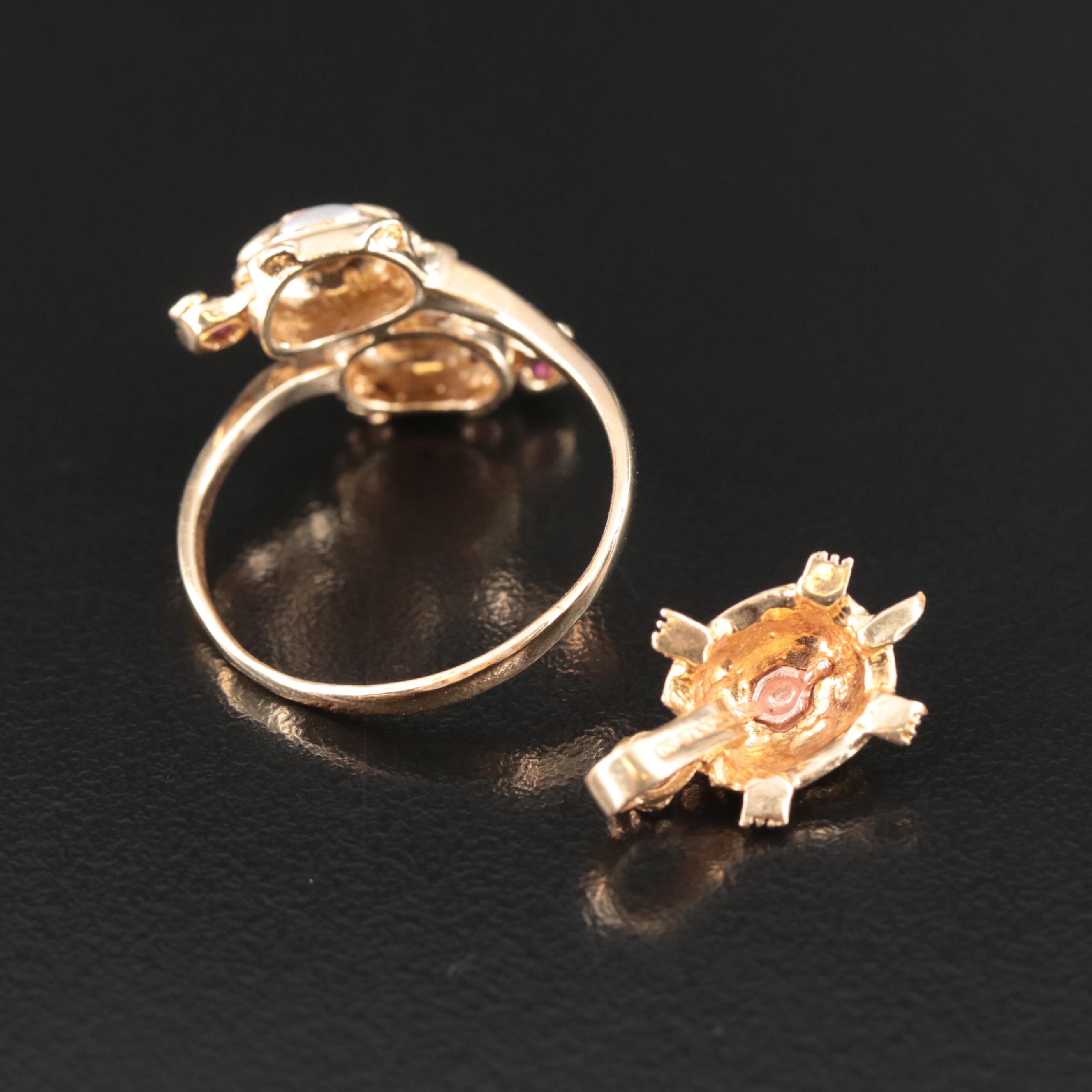 14K Turtle Ring with Articulated Heads and 10K Turtle Pendant