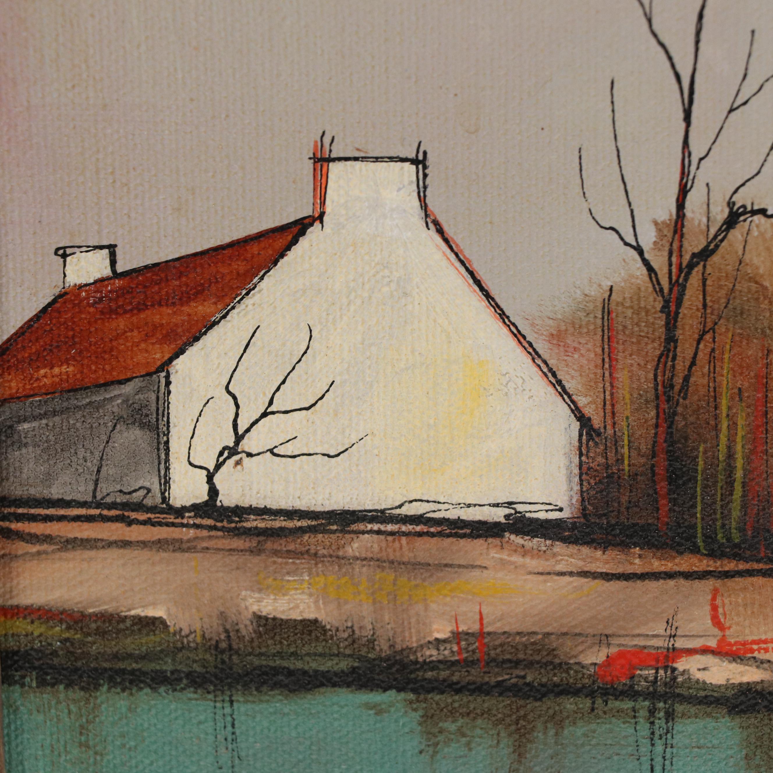 Oil Painting of Cottages on Lake
