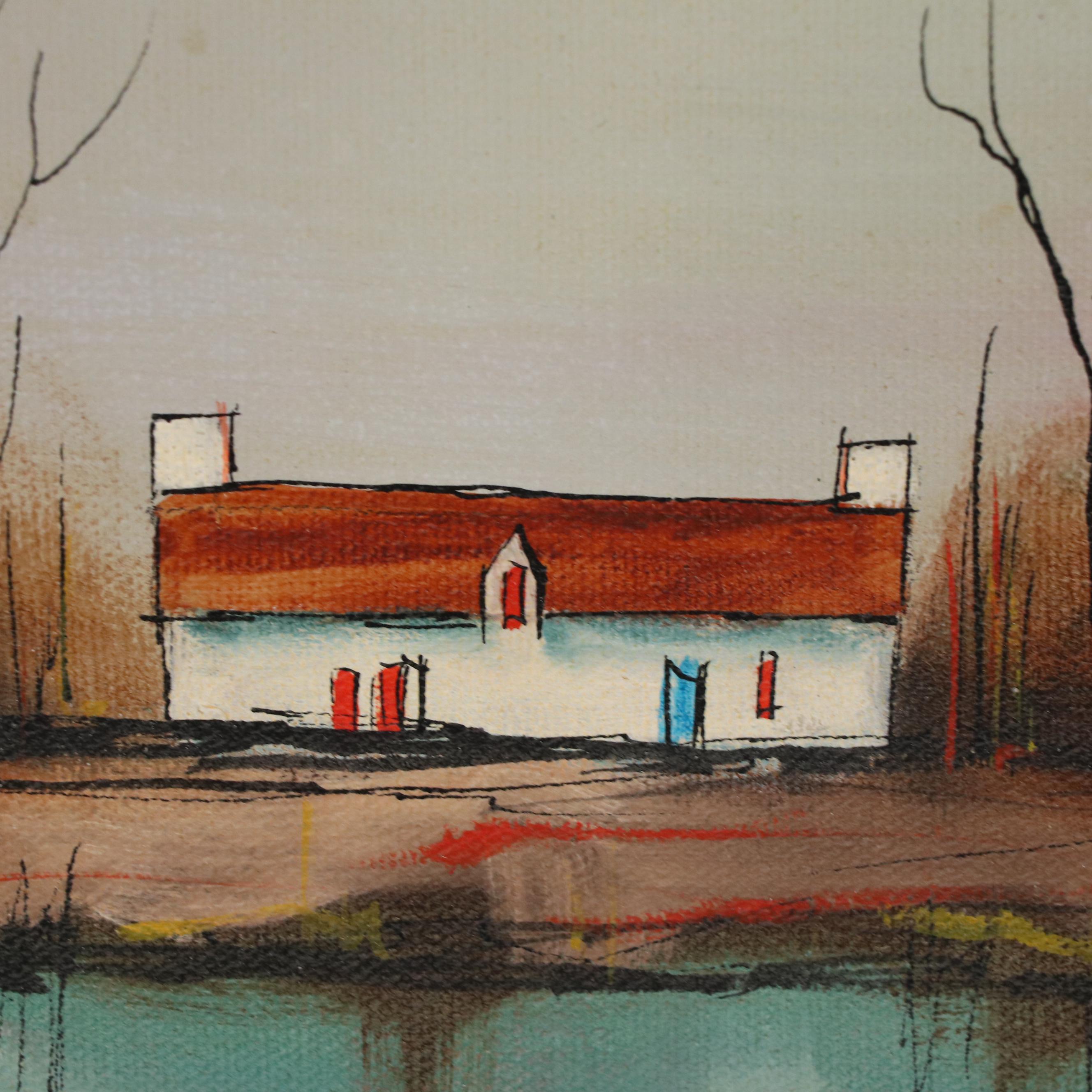 Oil Painting of Cottages on Lake