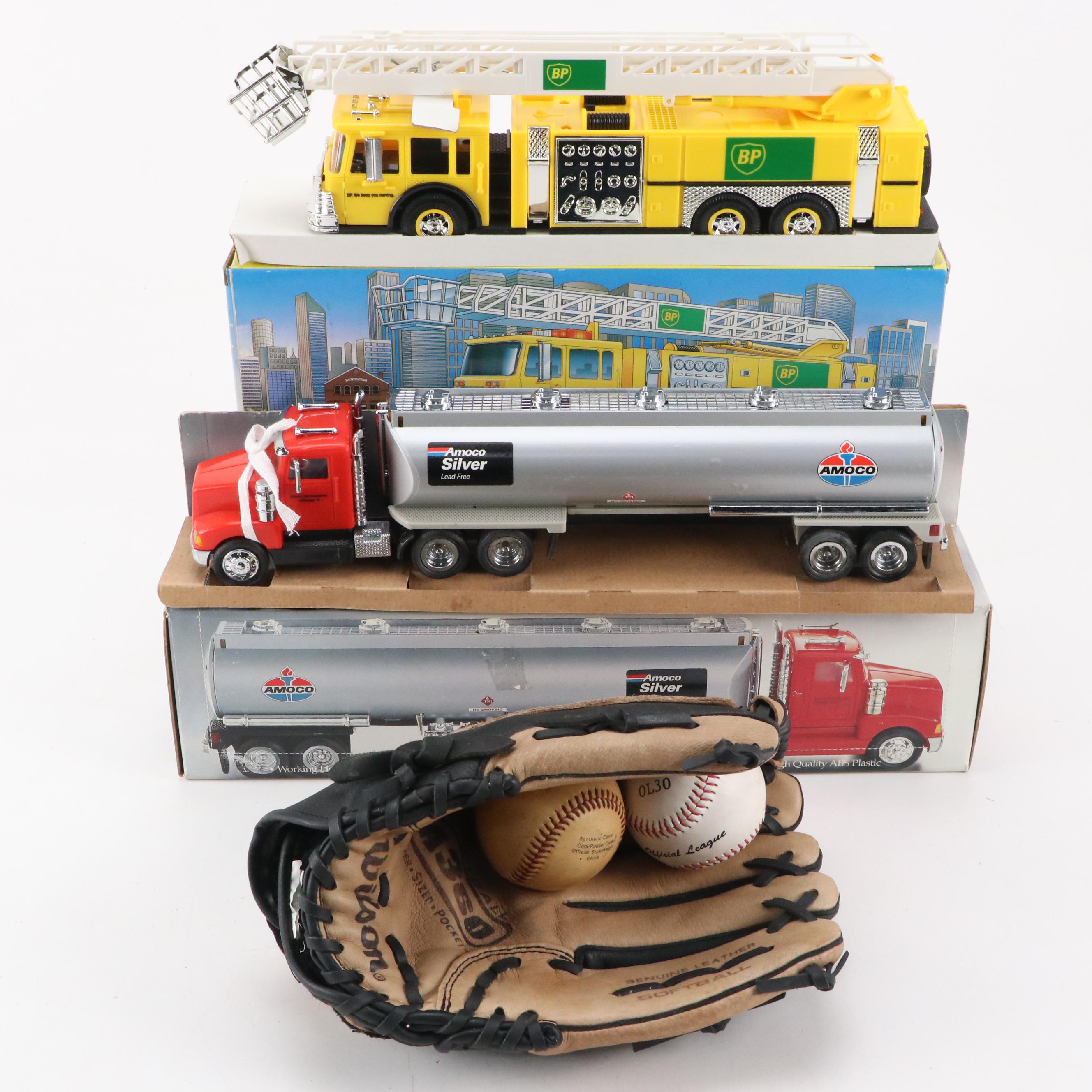 Amoco Toy Tanker Truck with Toy Fire Truck, Softball Glove and Baseballs