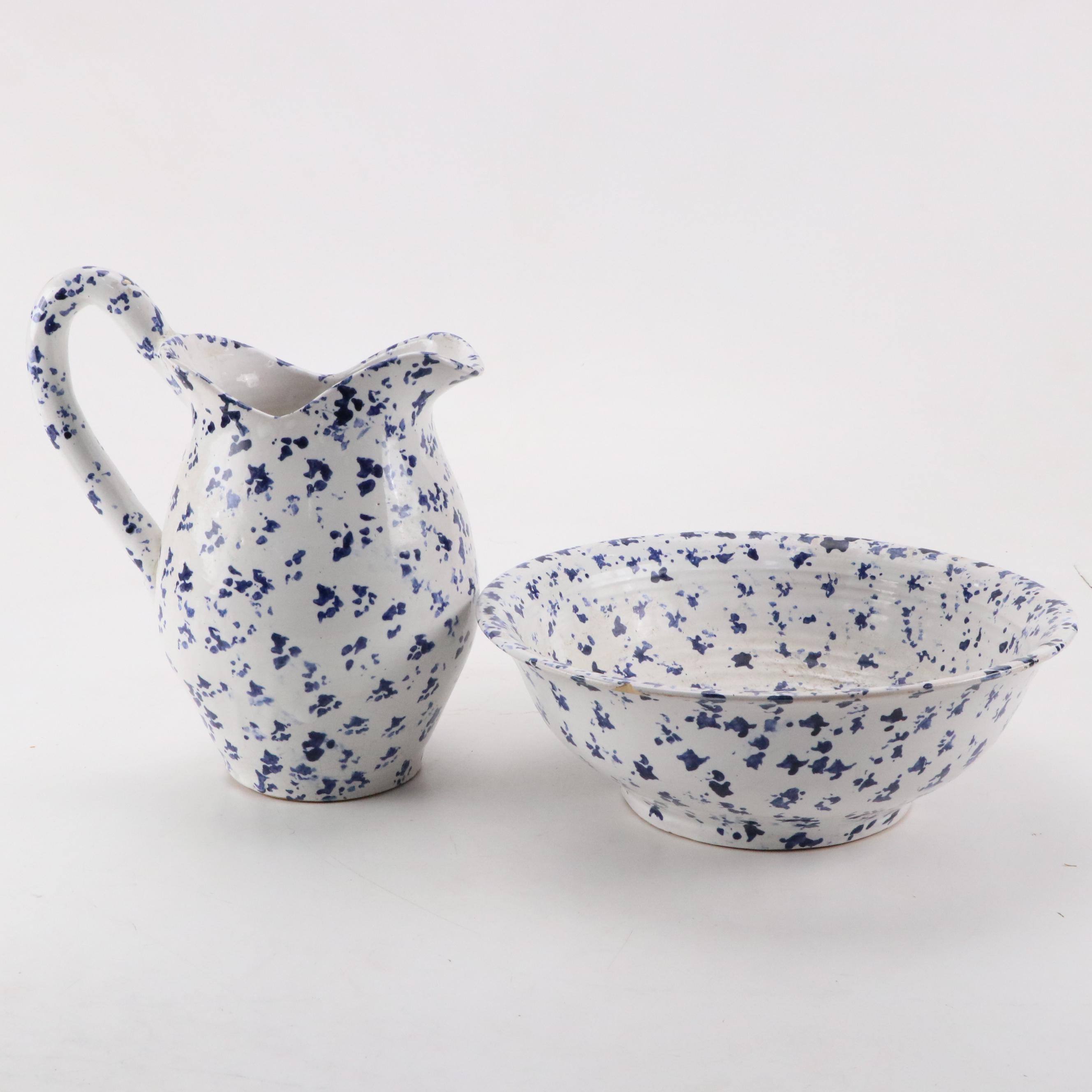 Bybee Pottery Blue and White Spongeware Pitcher and Washbasin