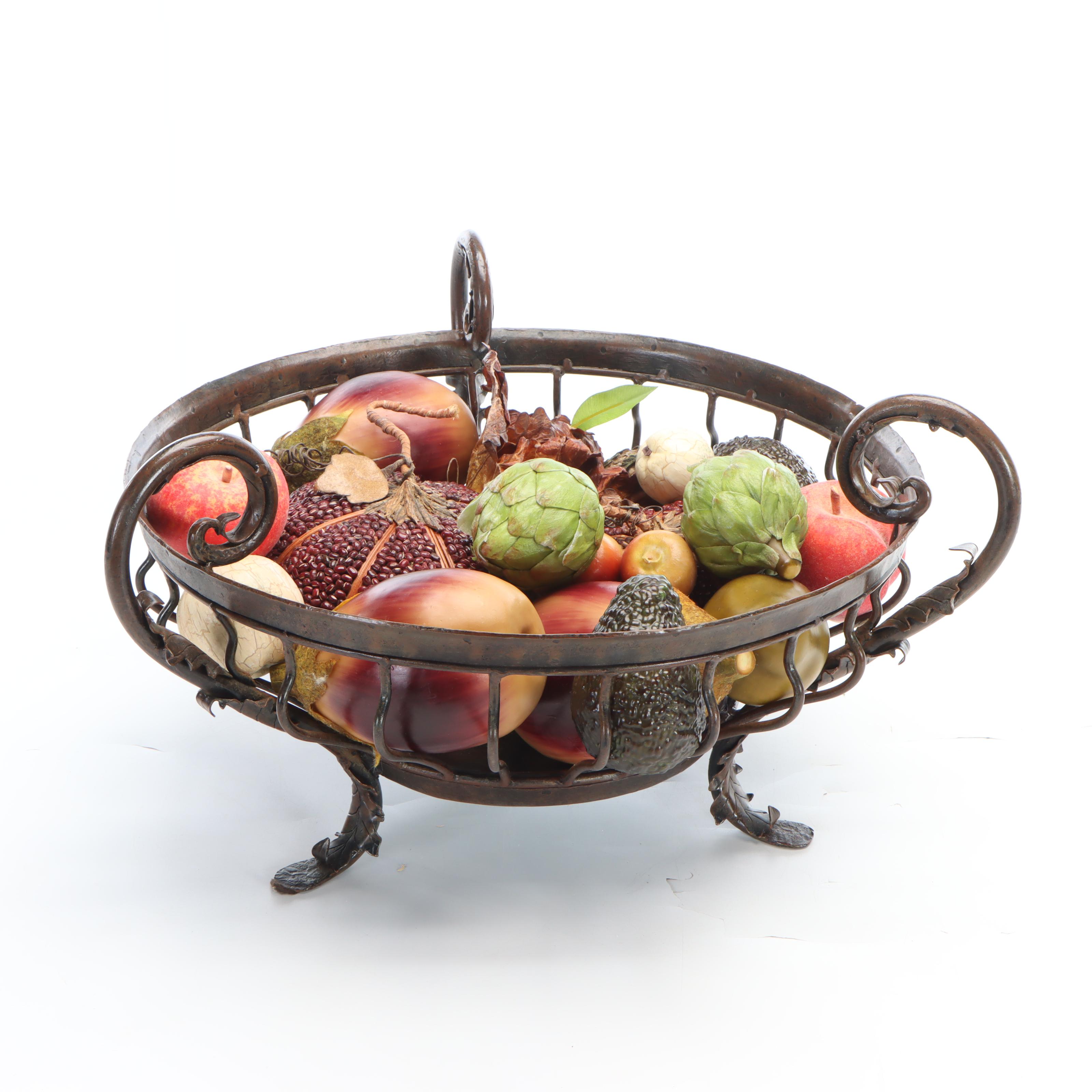 Metal Footed Fruit Bowl with Artificial Fruits and Vegetables