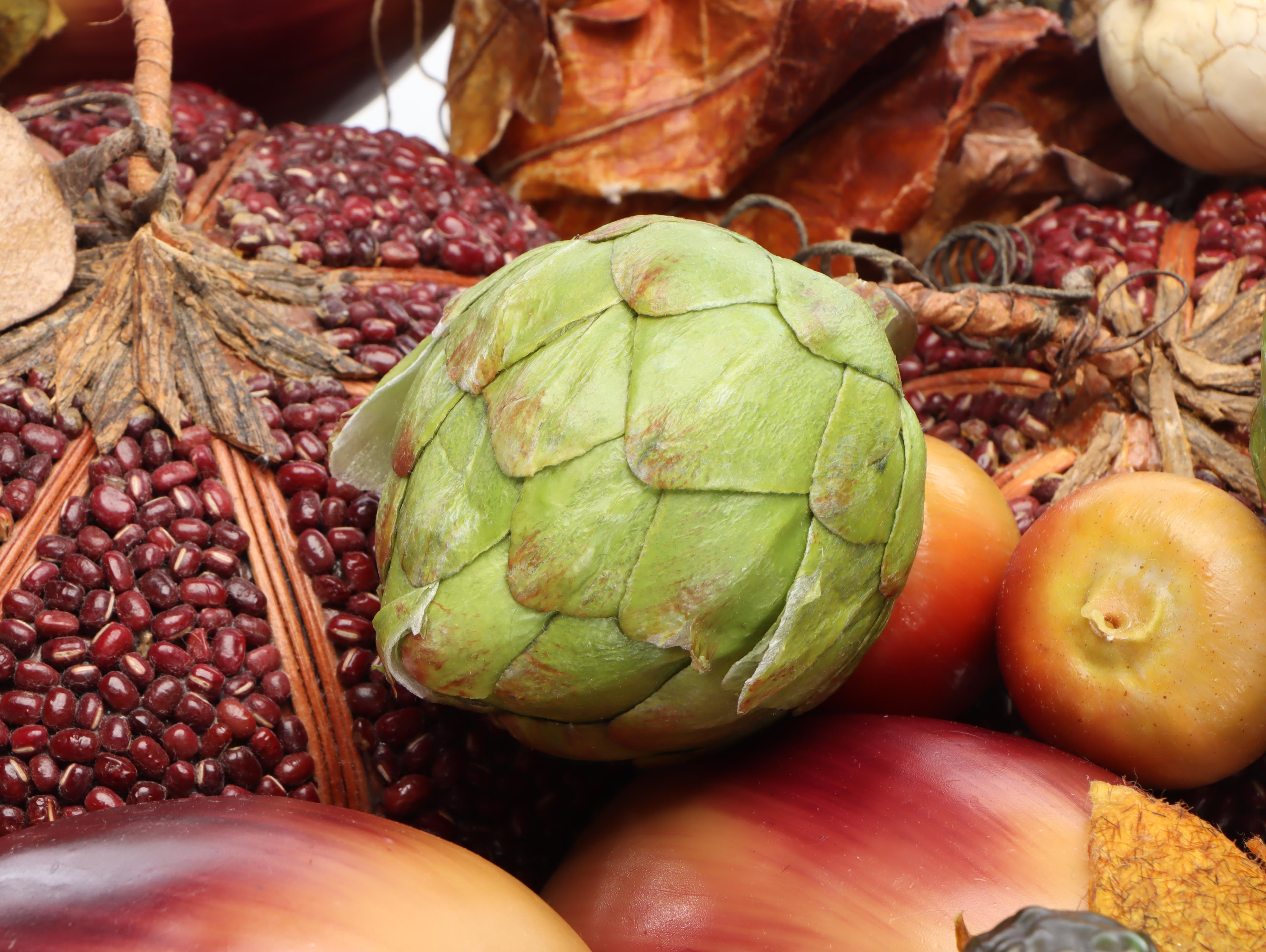 Metal Footed Fruit Bowl with Artificial Fruits and Vegetables