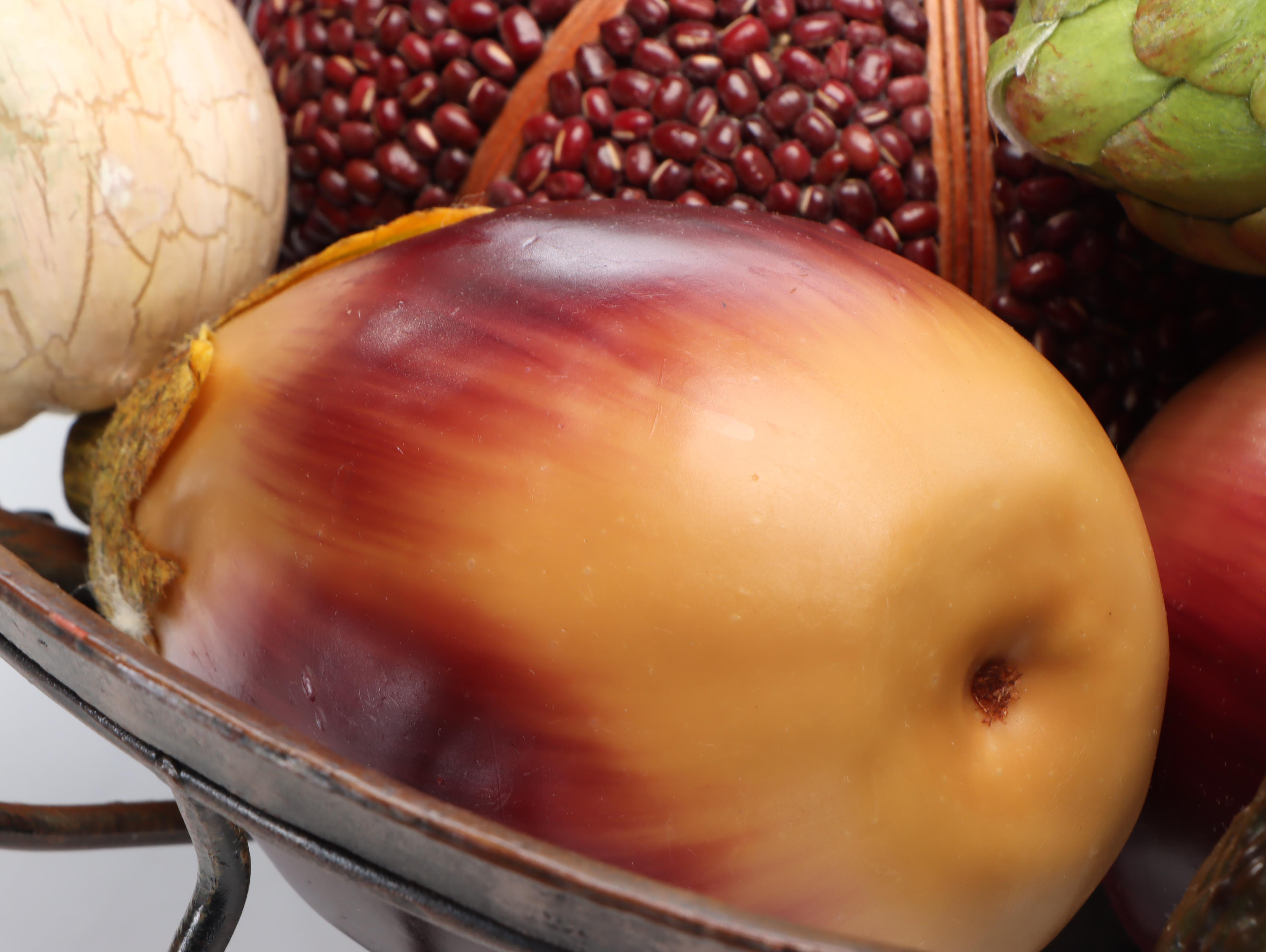 Metal Footed Fruit Bowl with Artificial Fruits and Vegetables