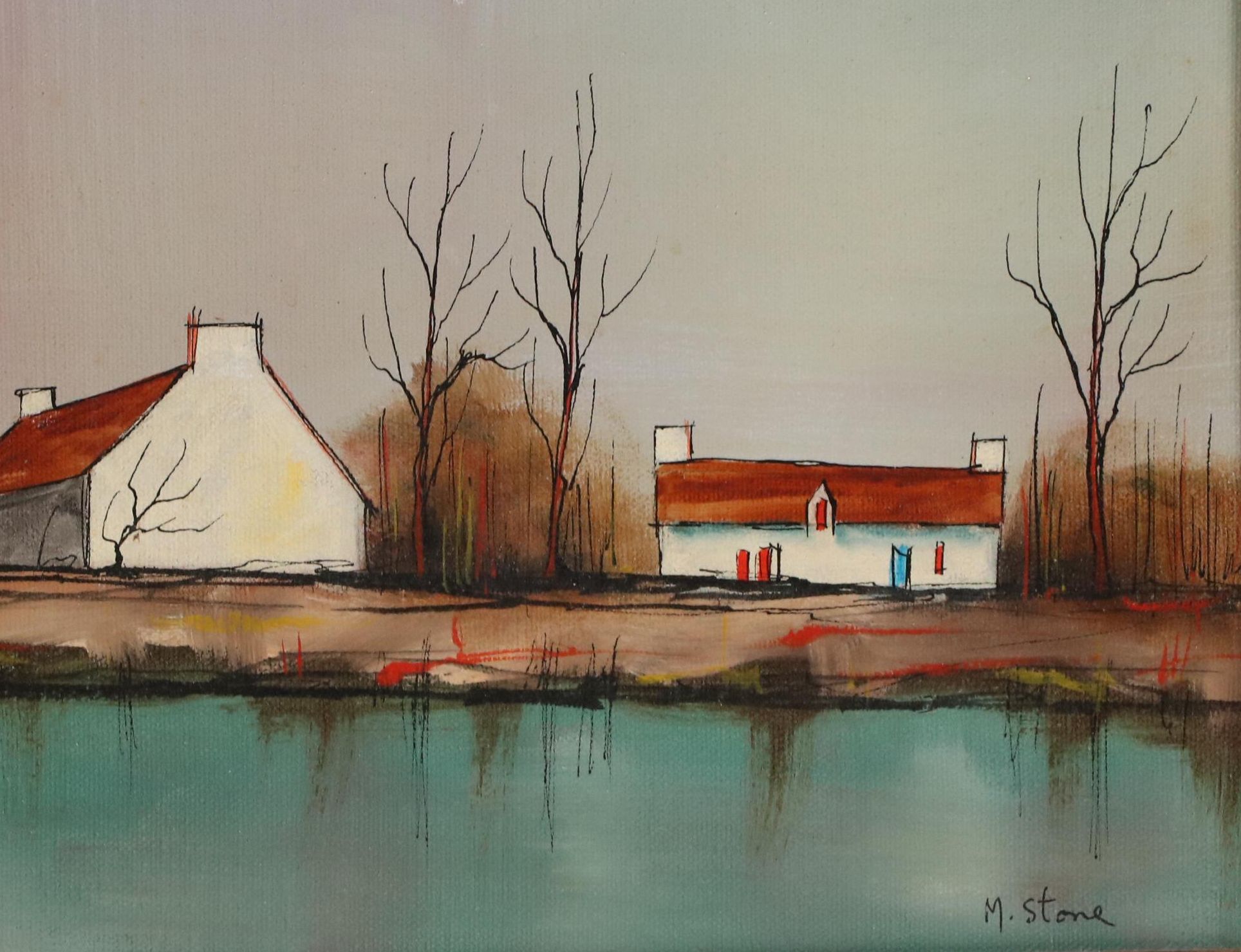 Oil Painting of Cottages on Lake