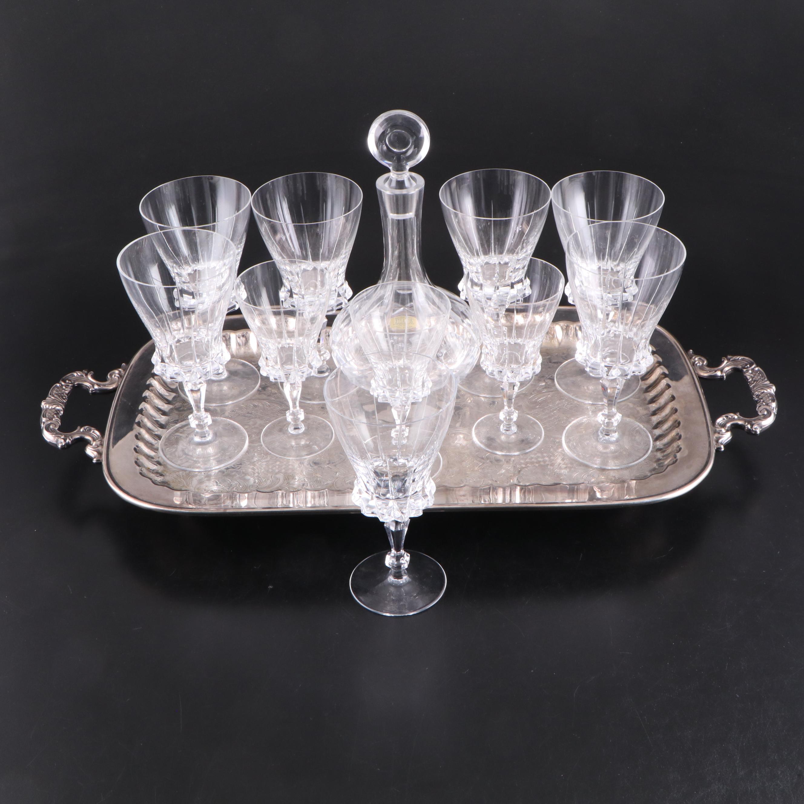 Atlantis Decanter with Other Crystal Stemware and Silver Plate Footed Tray