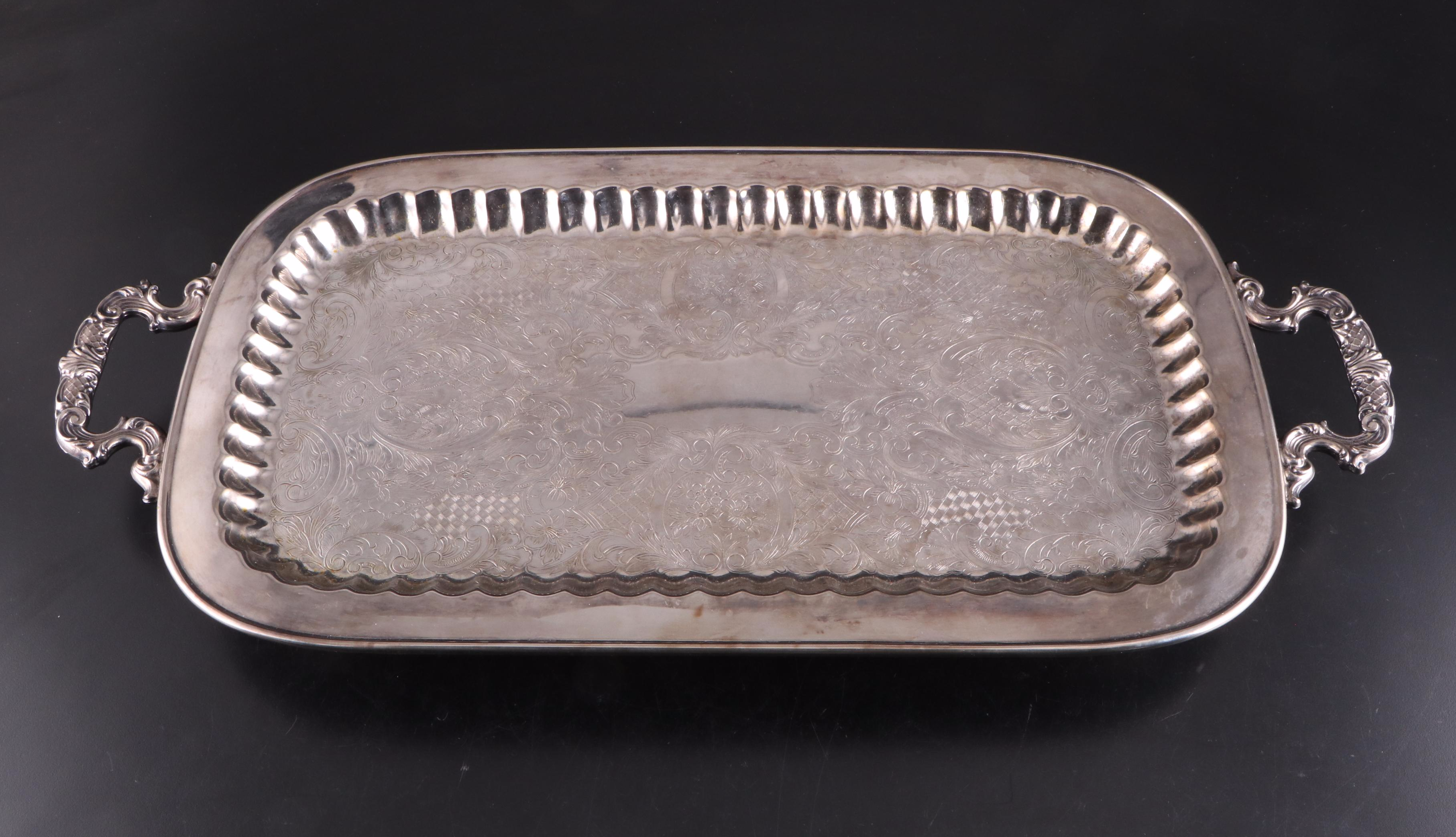 Atlantis Decanter with Other Crystal Stemware and Silver Plate Footed Tray