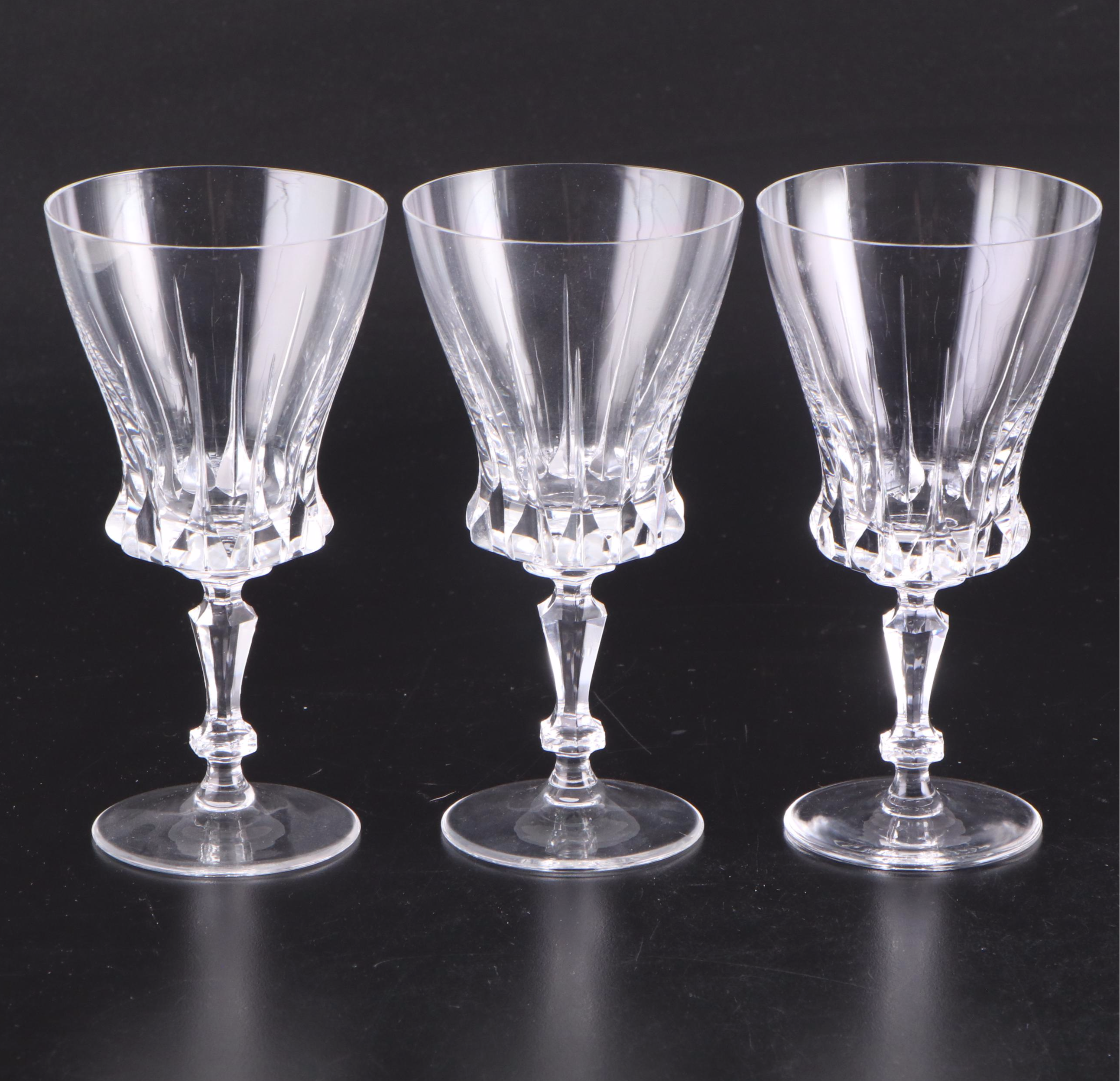 Atlantis Decanter with Other Crystal Stemware and Silver Plate Footed Tray