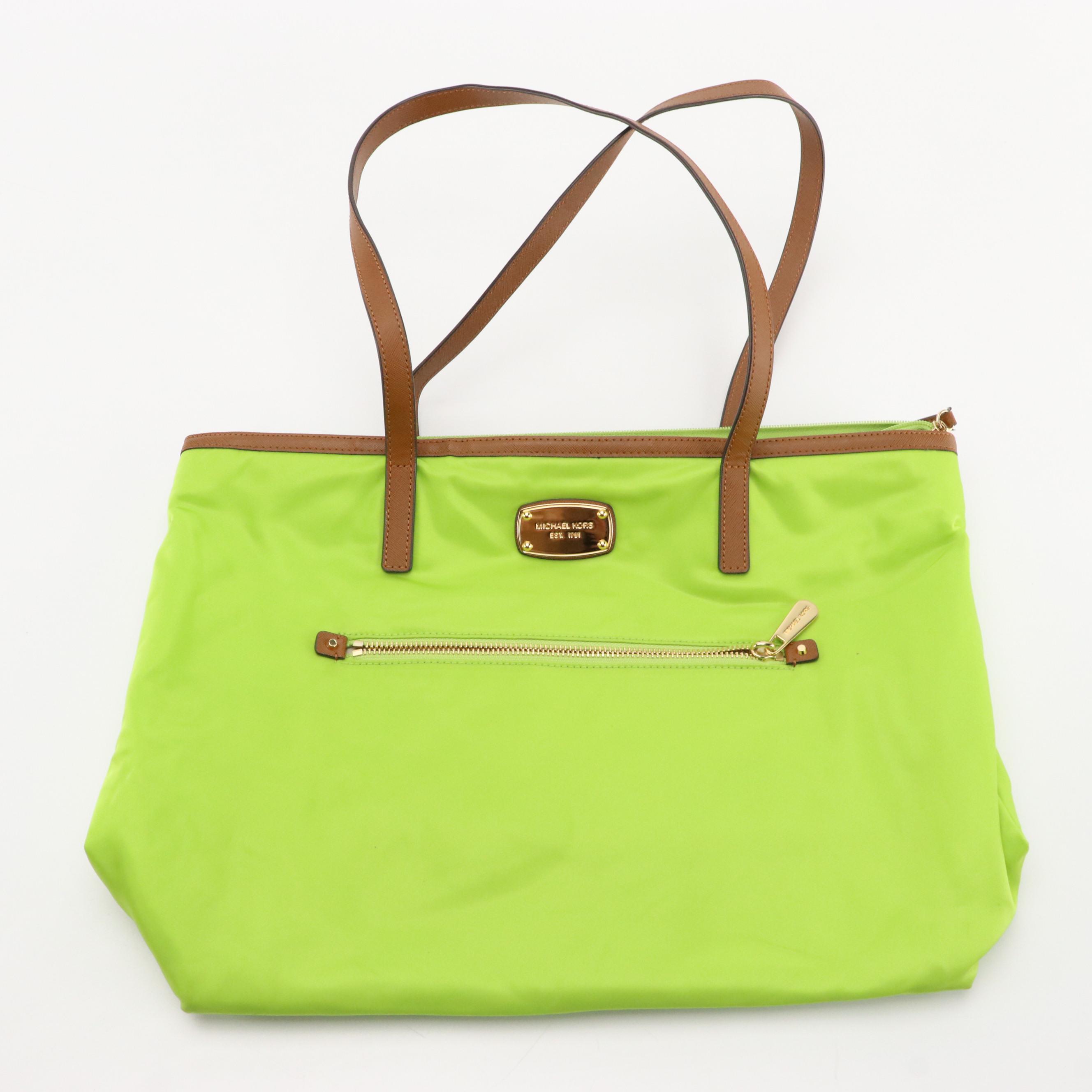 Michael Kors Zippered Shoulder Totes in Cherry Red and Lime Green Nylon