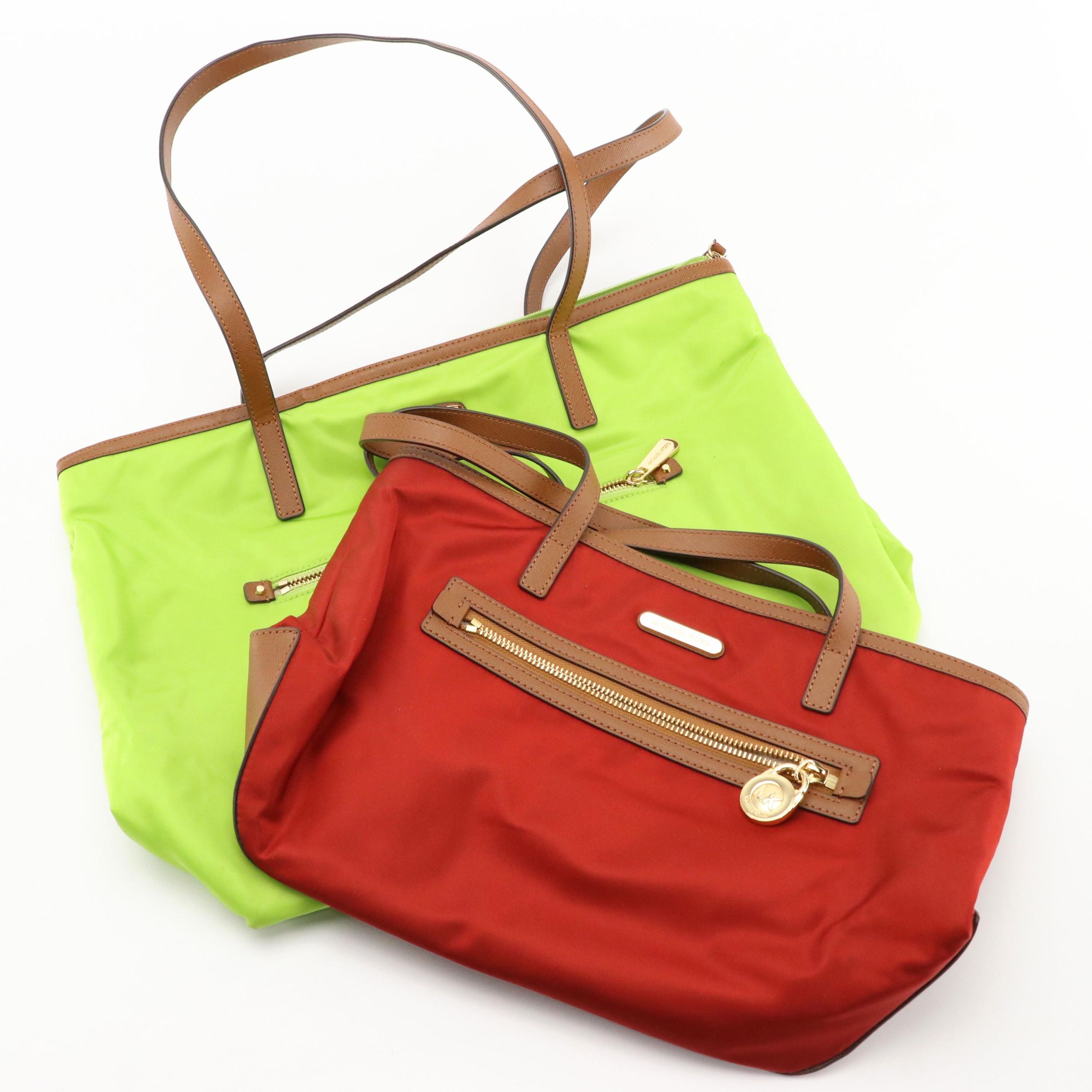 Michael Kors Zippered Shoulder Totes in Cherry Red and Lime Green Nylon