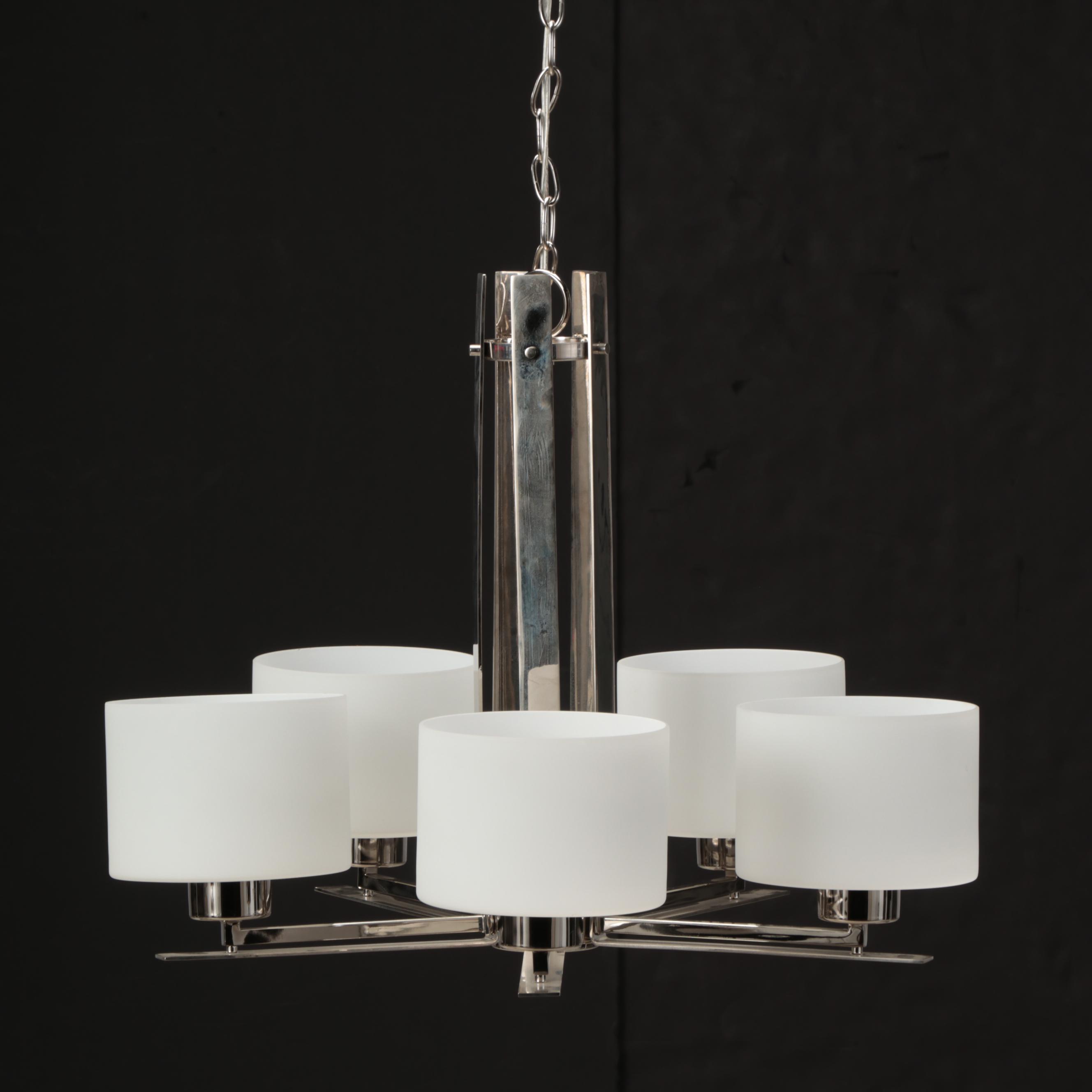MCM Style Chrome With White Shade Five Arm Chandelier