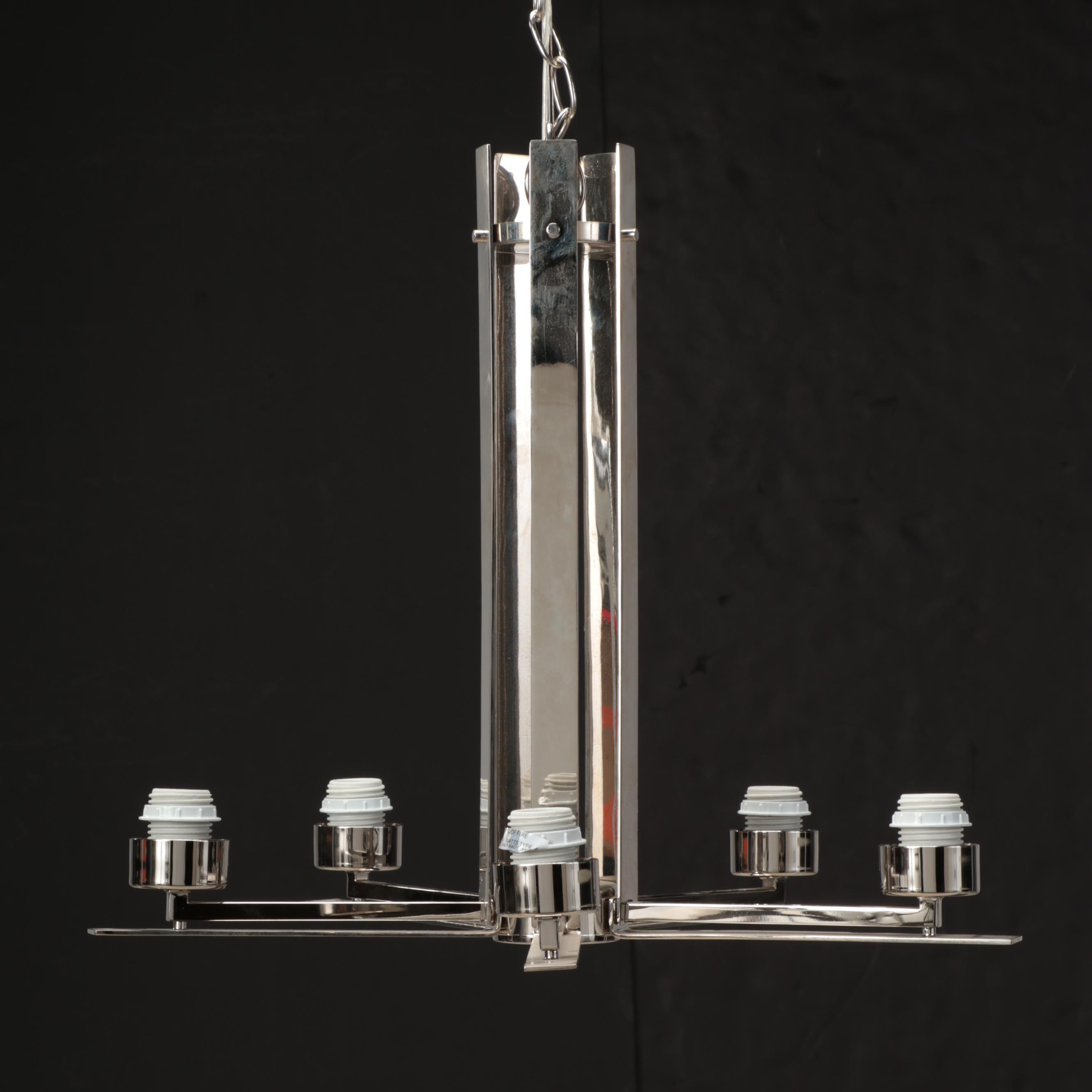 MCM Style Chrome With White Shade Five Arm Chandelier