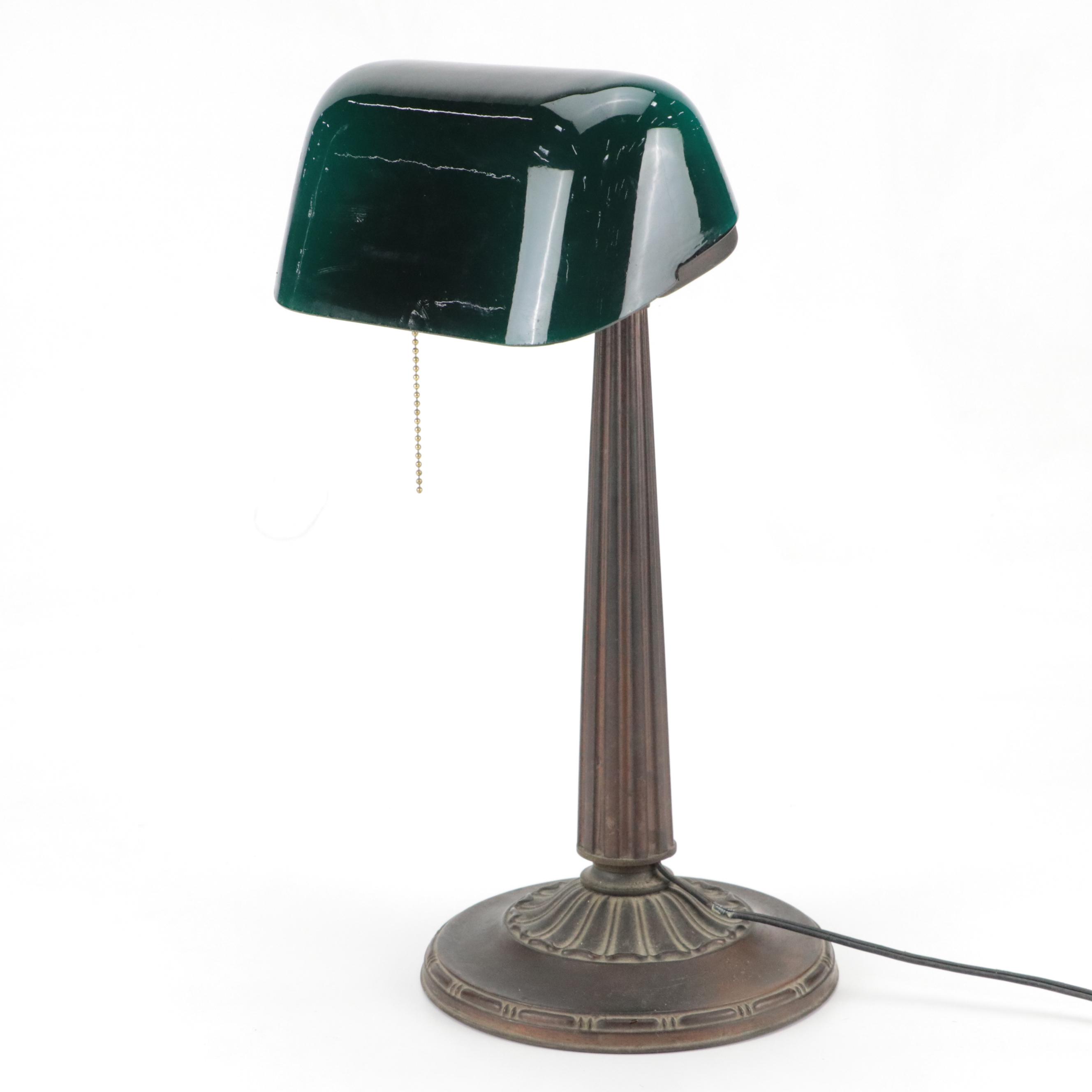 Emeralite Art Deco Cast Metal Banker's Lamp with Cased Green Glass Shade