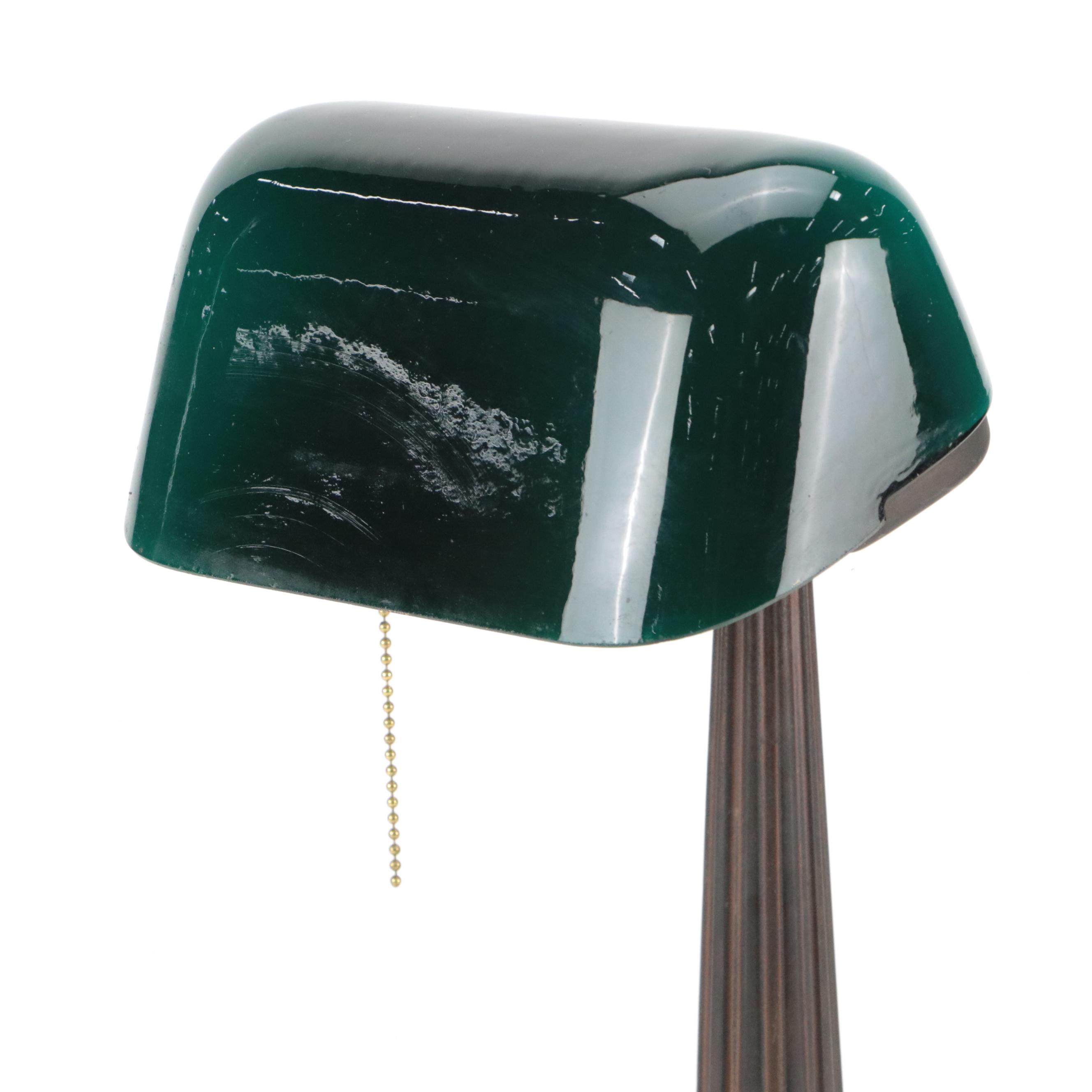 Emeralite Art Deco Cast Metal Banker's Lamp with Cased Green Glass Shade