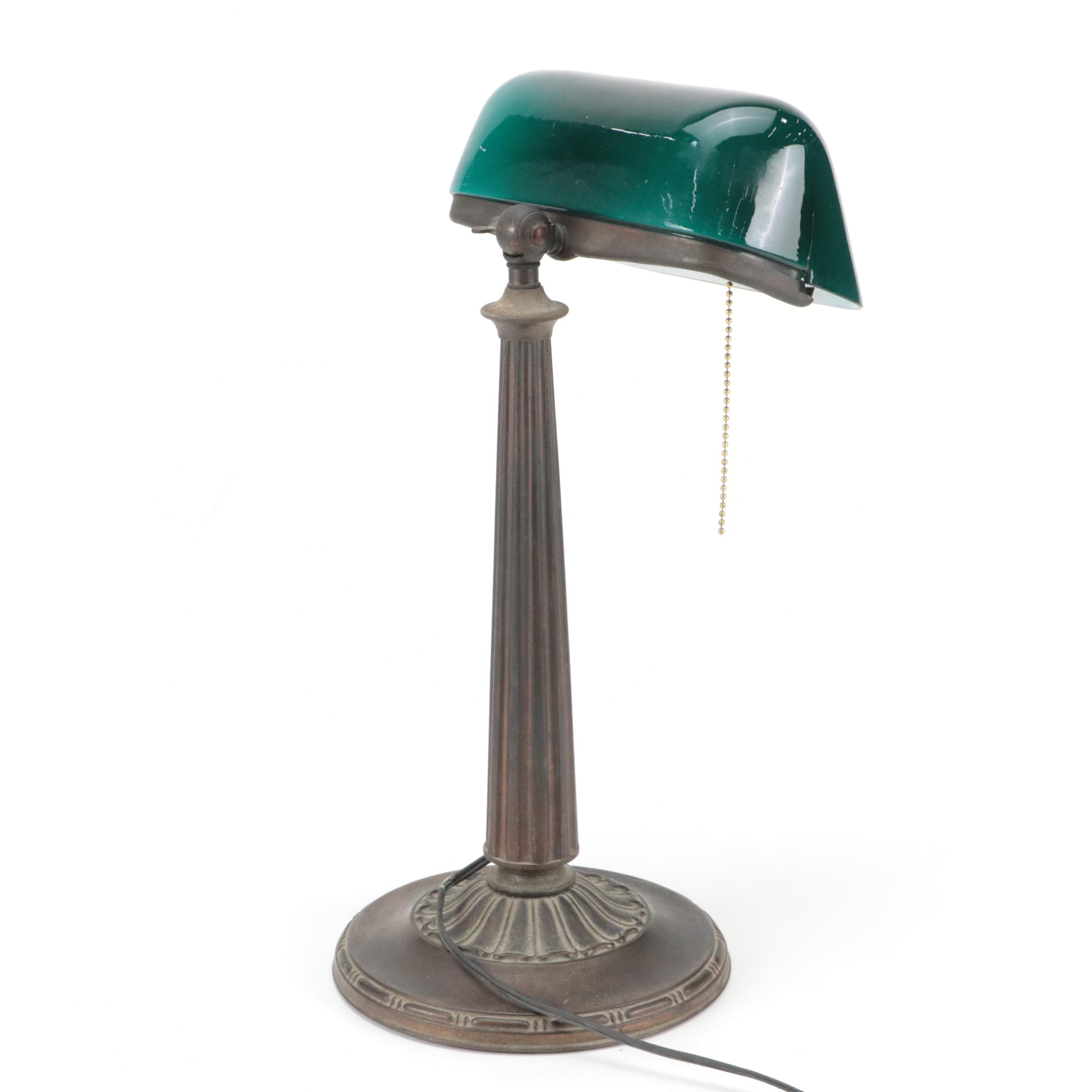 Emeralite Art Deco Cast Metal Banker's Lamp with Cased Green Glass Shade