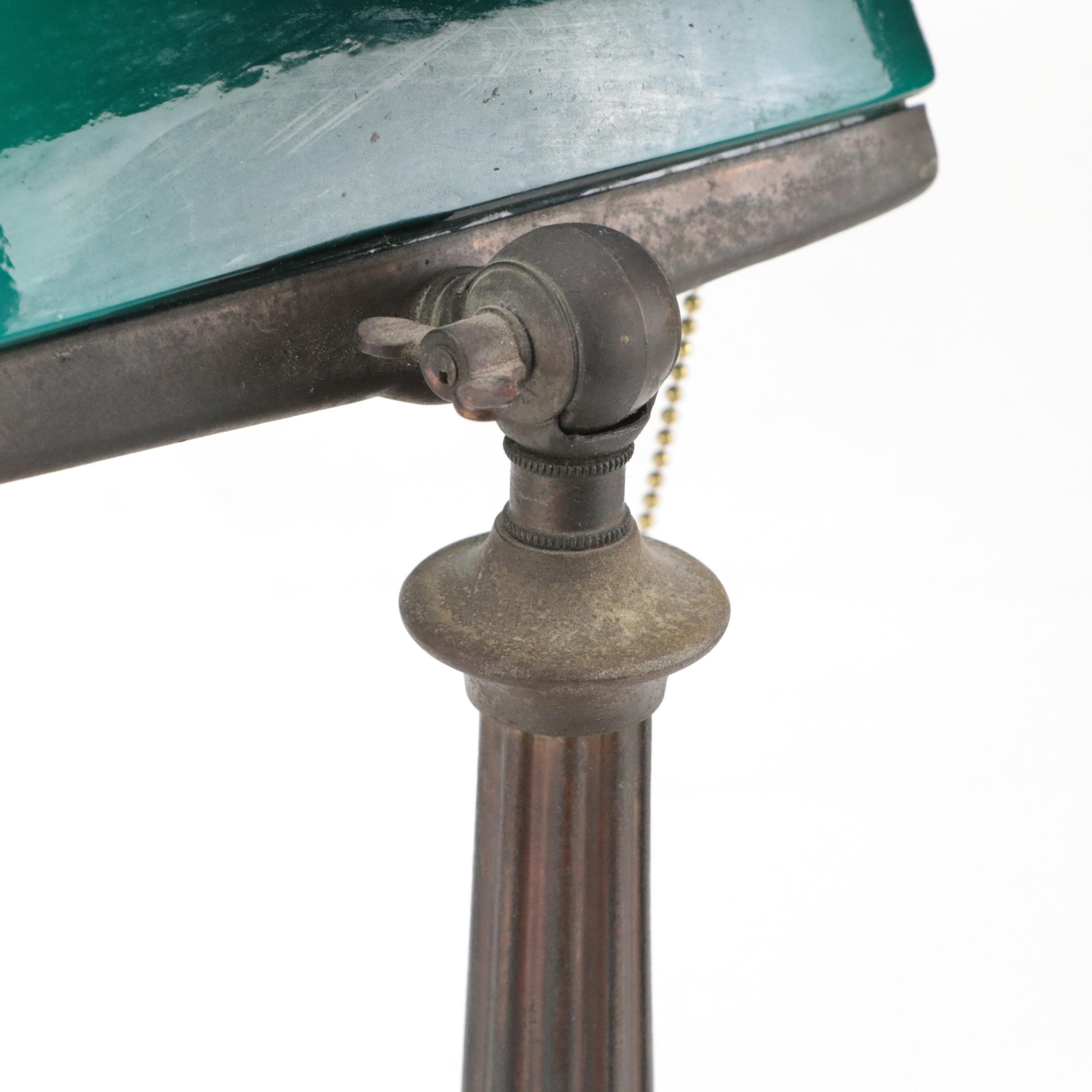 Emeralite Art Deco Cast Metal Banker's Lamp with Cased Green Glass Shade