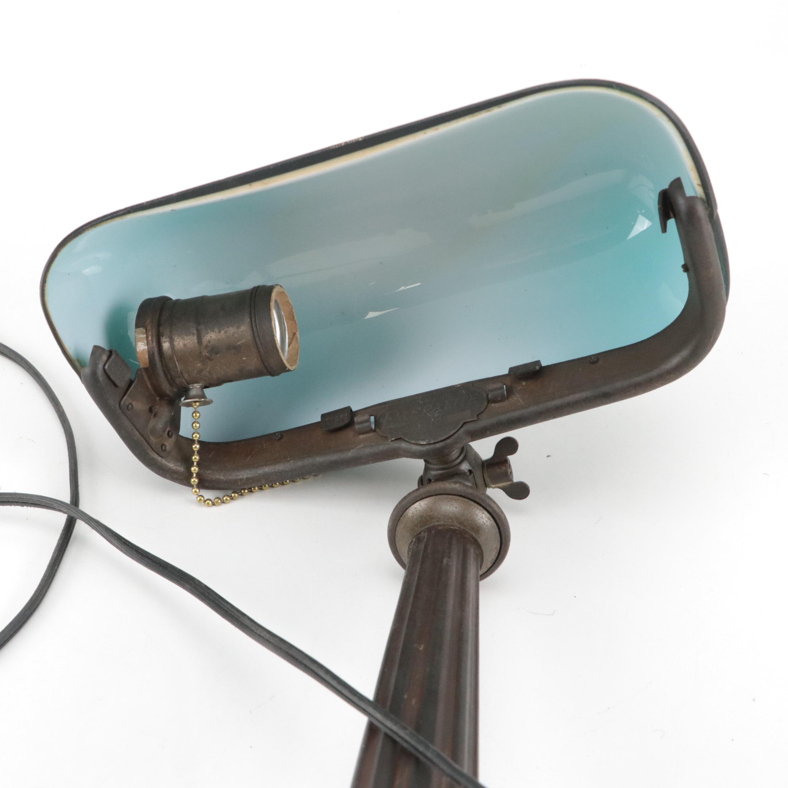 Emeralite Art Deco Cast Metal Banker's Lamp with Cased Green Glass Shade