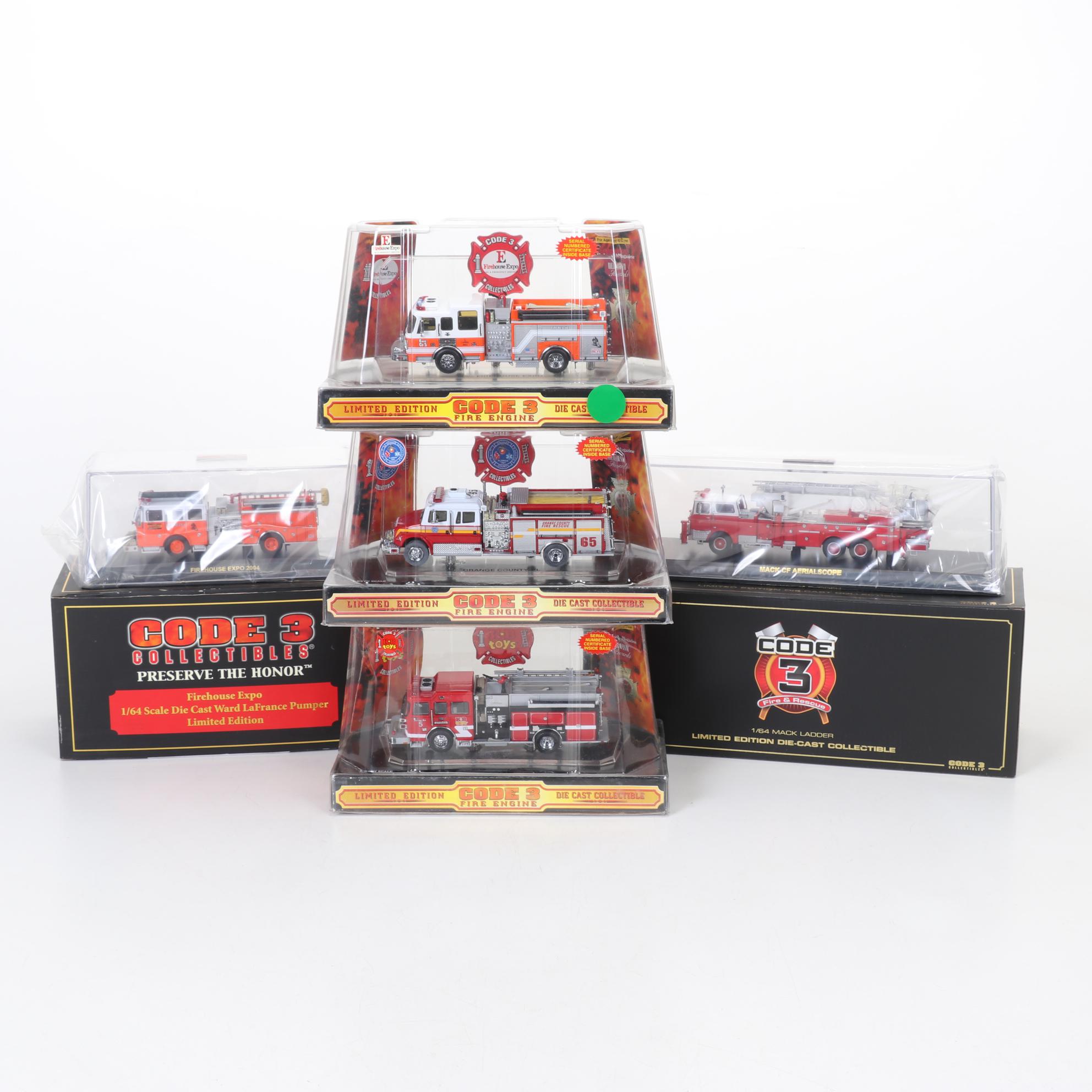 Five Code 3 Limited Edition Die Cast 1/64 Scale Fire Trucks, 21st Century