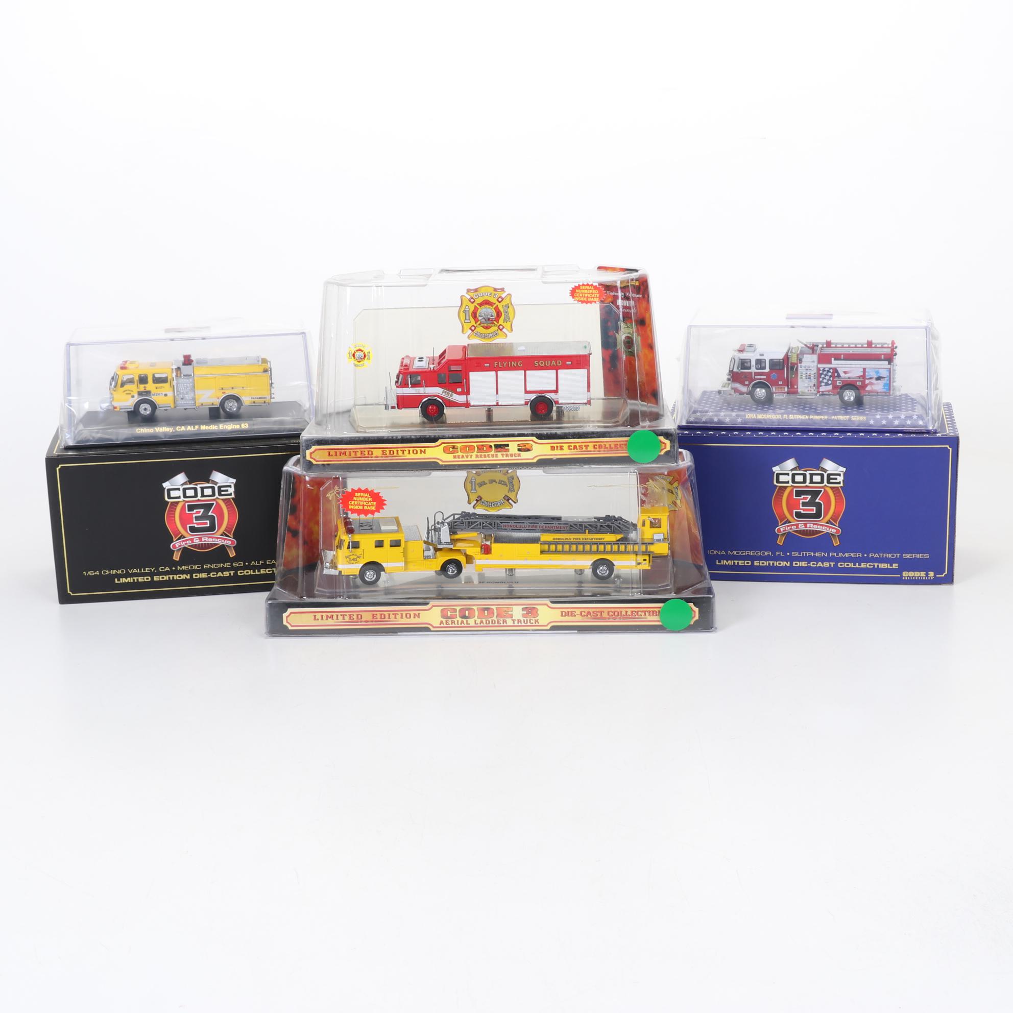 Four Code 3 Limited Edition Die Cast 1/64 Scale Fire Trucks, 21st Century