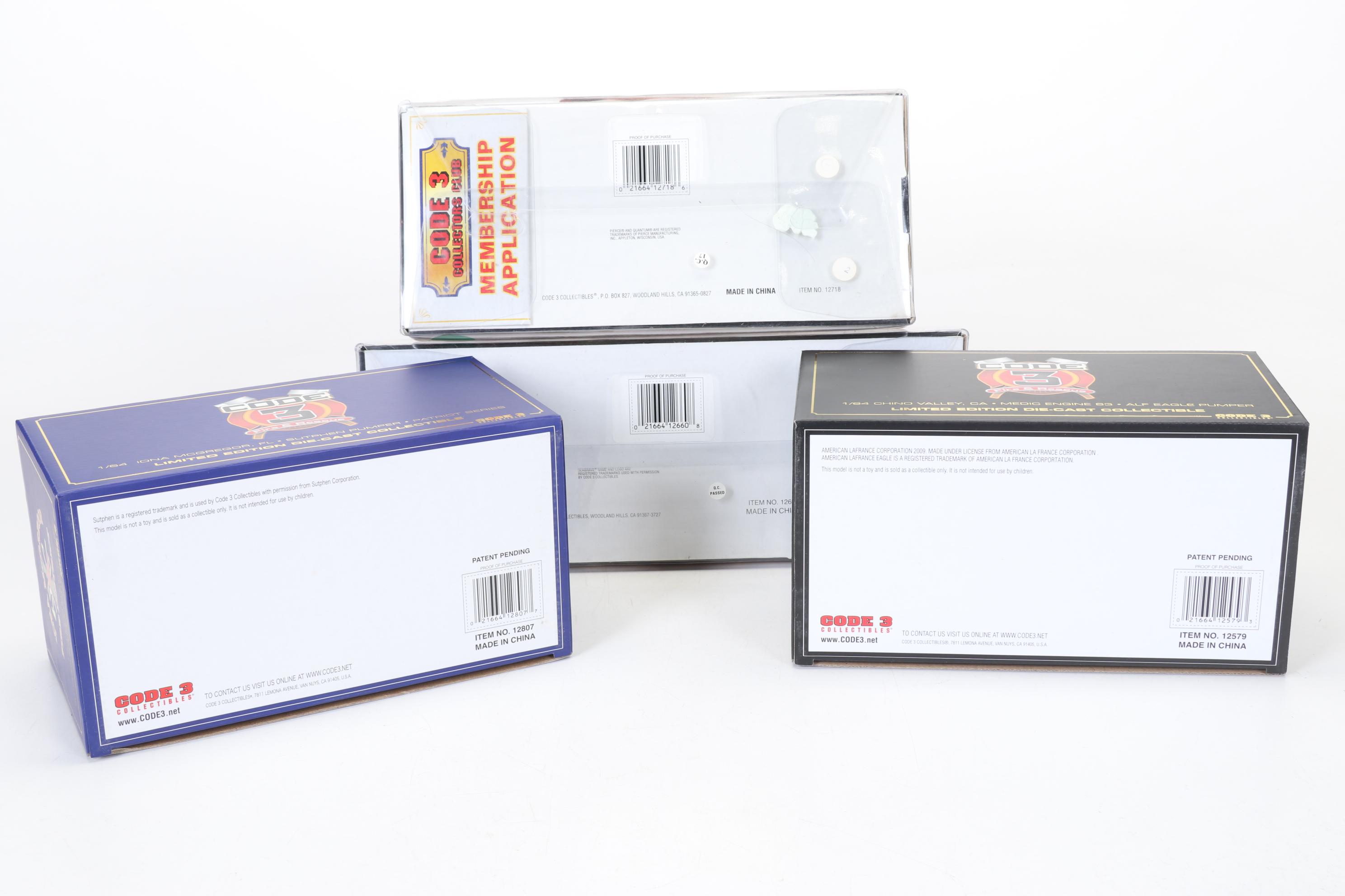 Four Code 3 Limited Edition Die Cast 1/64 Scale Fire Trucks, 21st Century