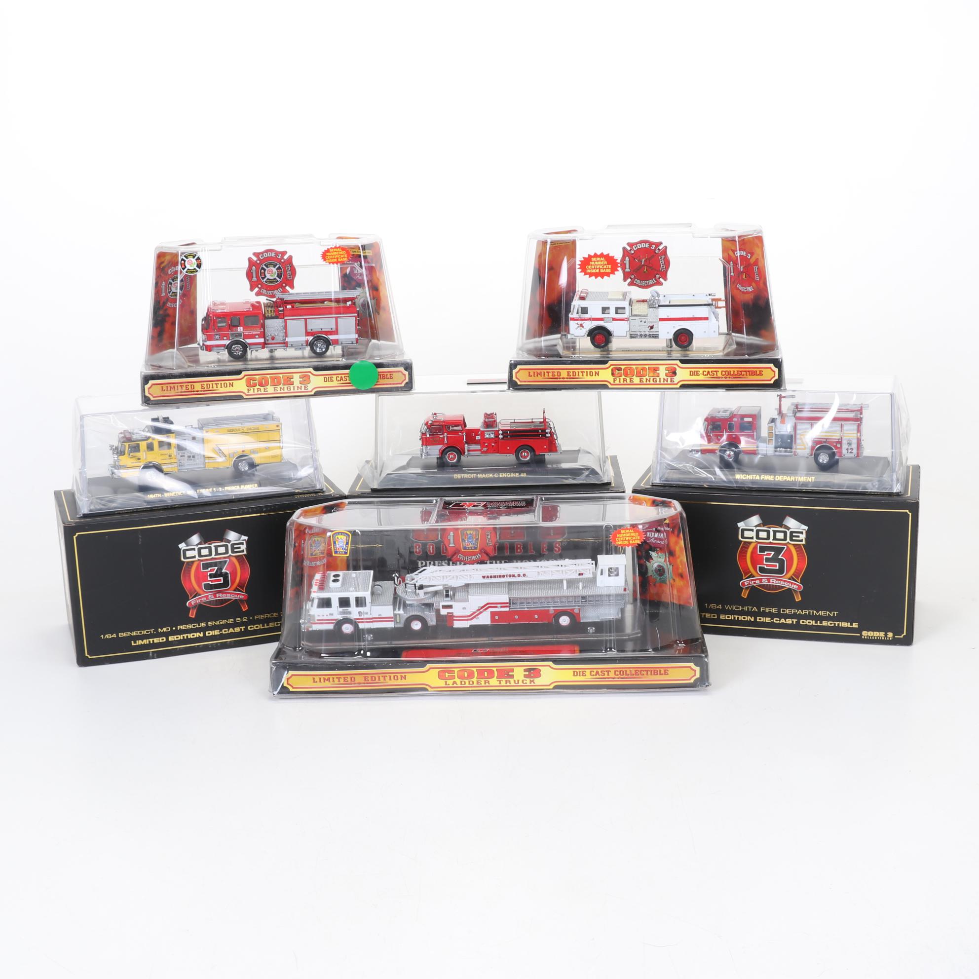 Six Code 3 Limited Edition Die Cast 1/64 Scale Fire Trucks, 21st Century