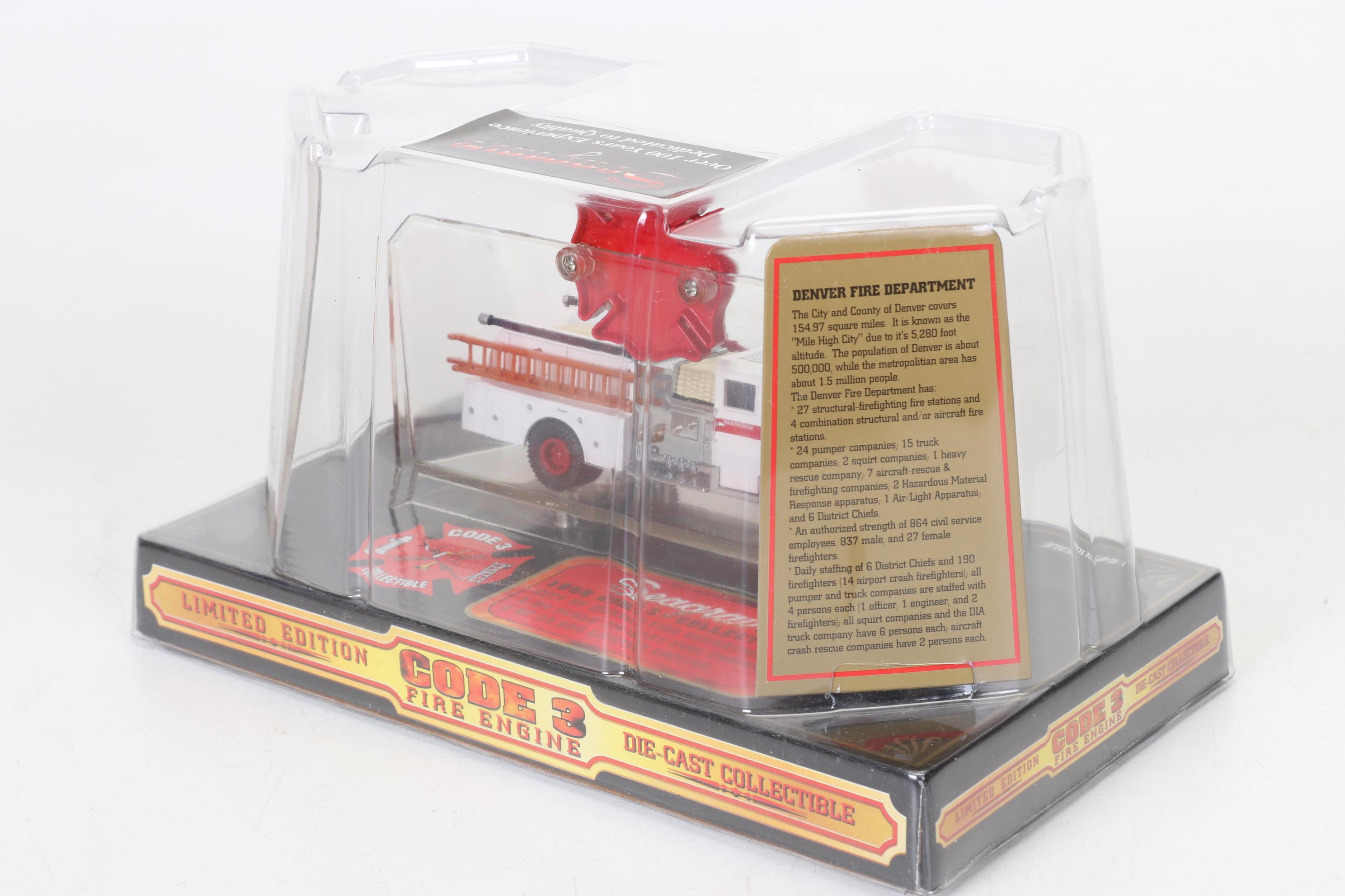 Six Code 3 Limited Edition Die Cast 1/64 Scale Fire Trucks, 21st Century