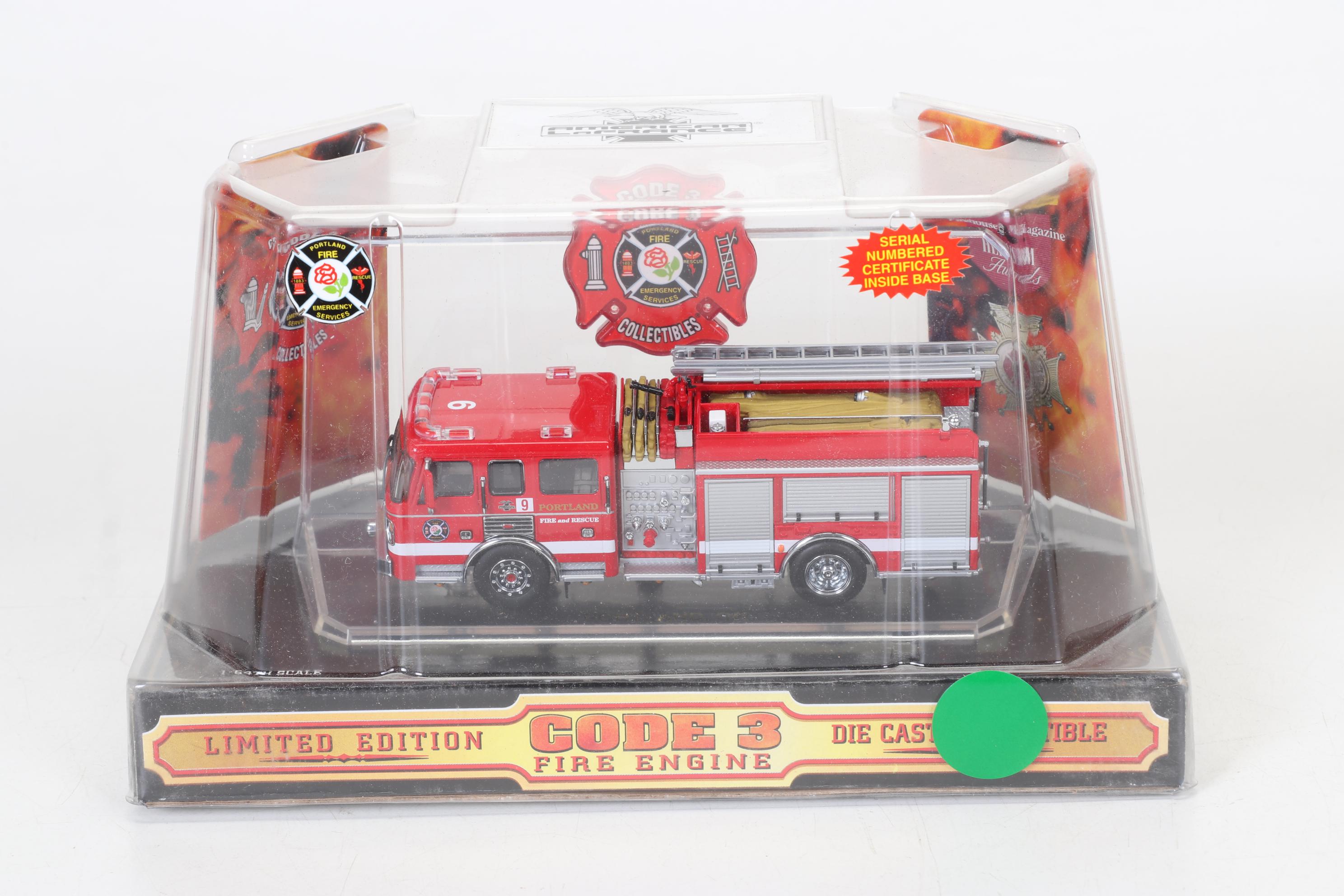 Six Code 3 Limited Edition Die Cast 1/64 Scale Fire Trucks, 21st Century