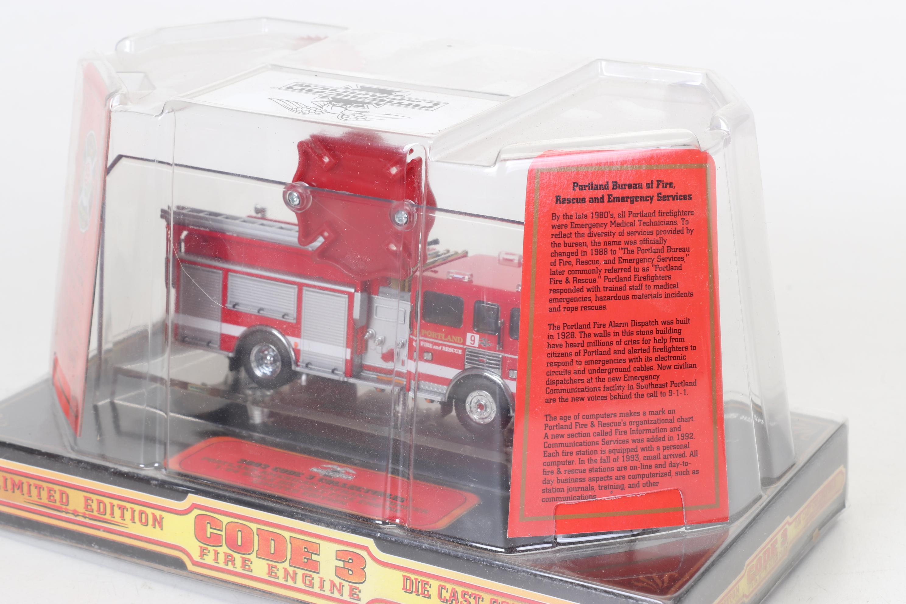 Six Code 3 Limited Edition Die Cast 1/64 Scale Fire Trucks, 21st Century