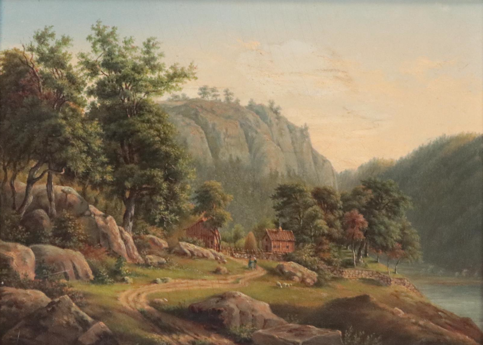 Oil Painting of Rural Mountain Landscape with Farm