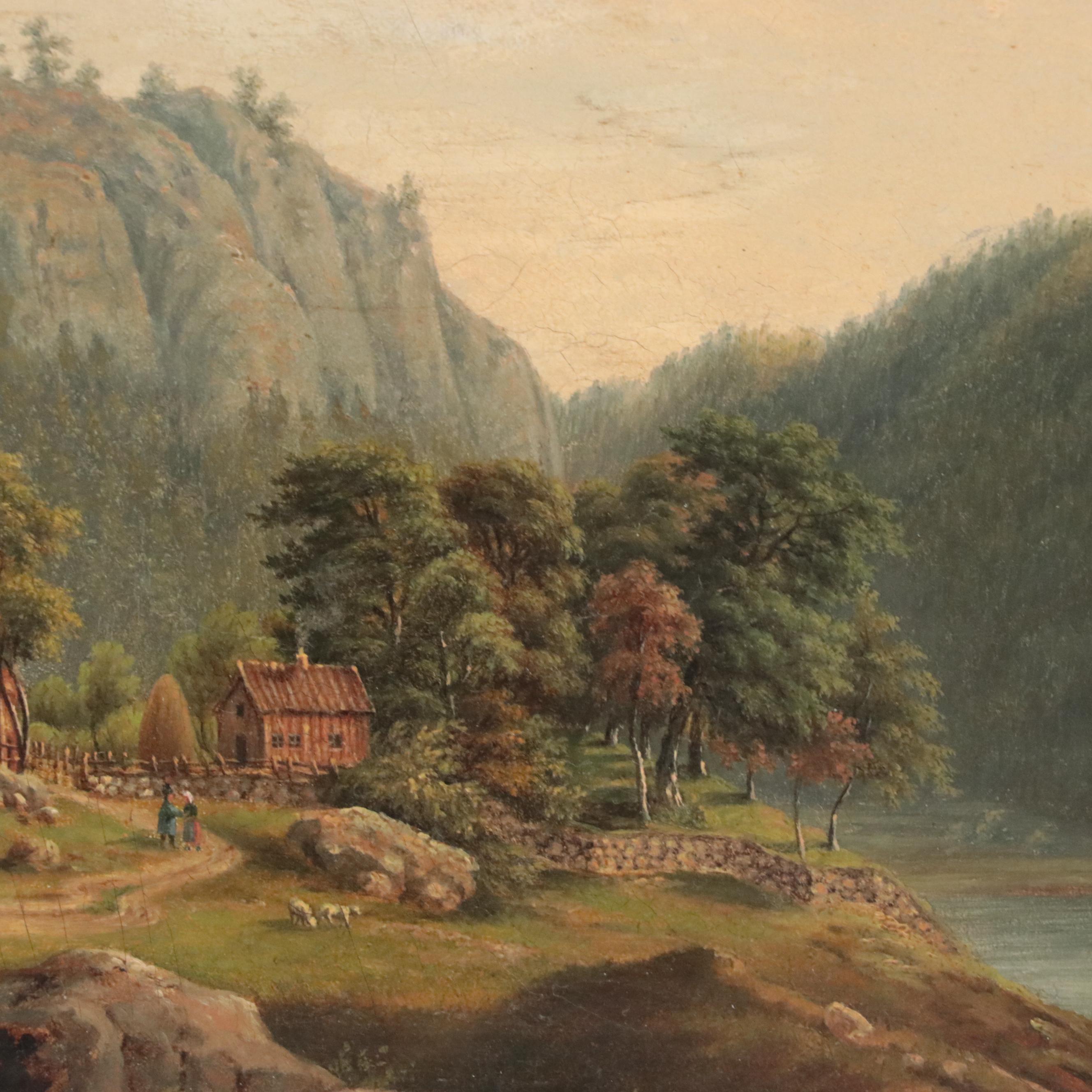 Oil Painting of Rural Mountain Landscape with Farm