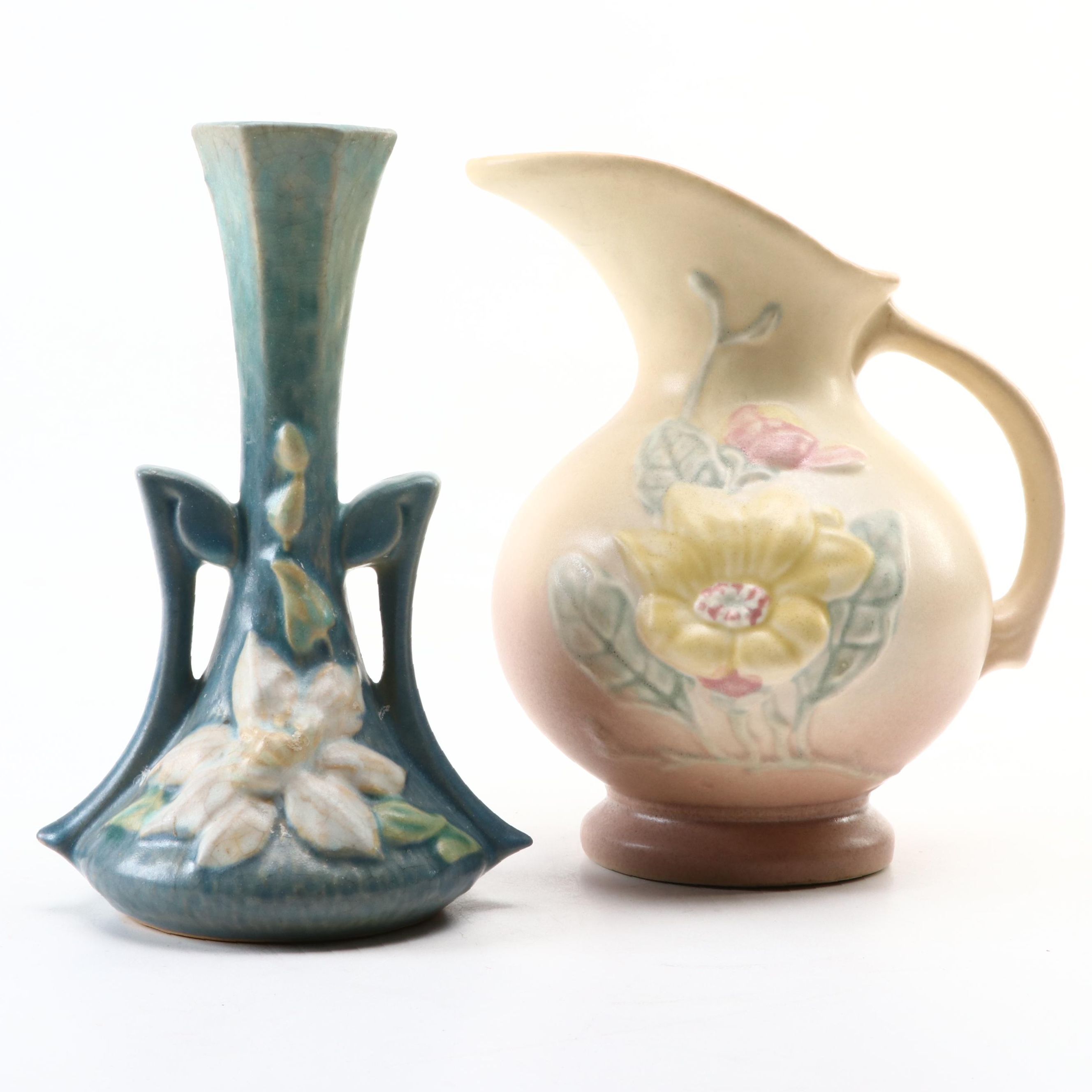 Roseville Pottery "Blue Magnolia" Vase and Hull Pitcher, Mid-20th Century
