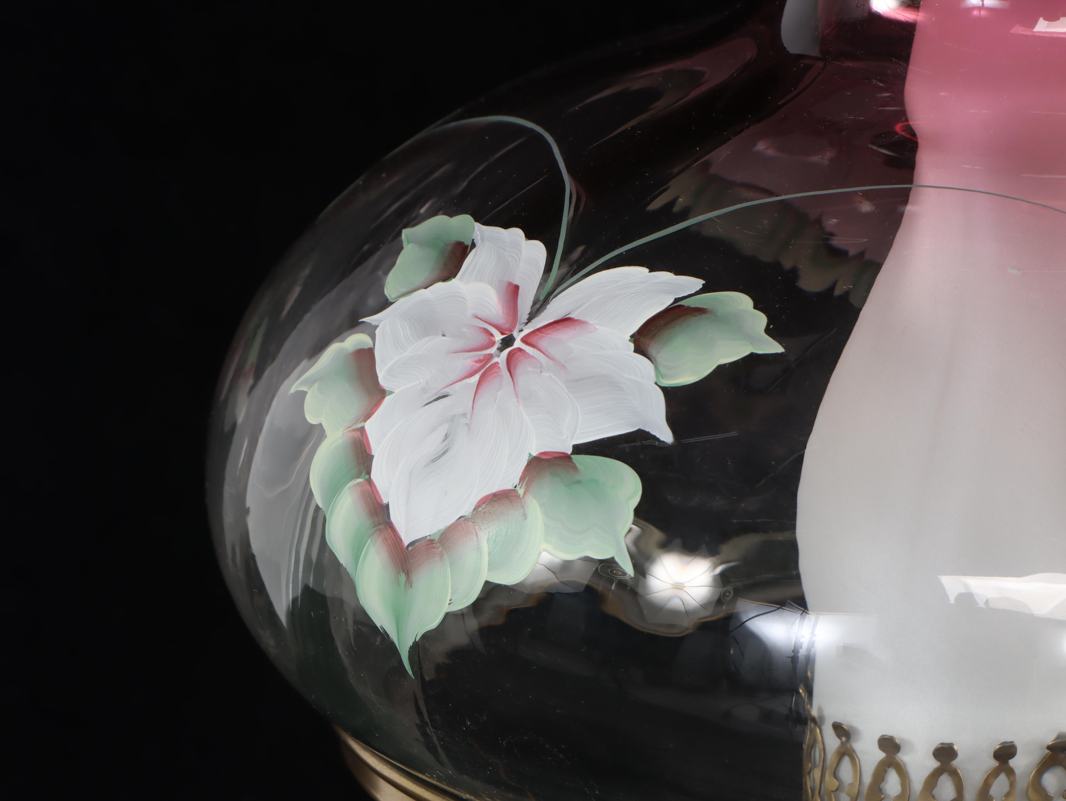 Fenton Rubina Verde Hand-Painted Glass Oil Lamp Style Table Lamp