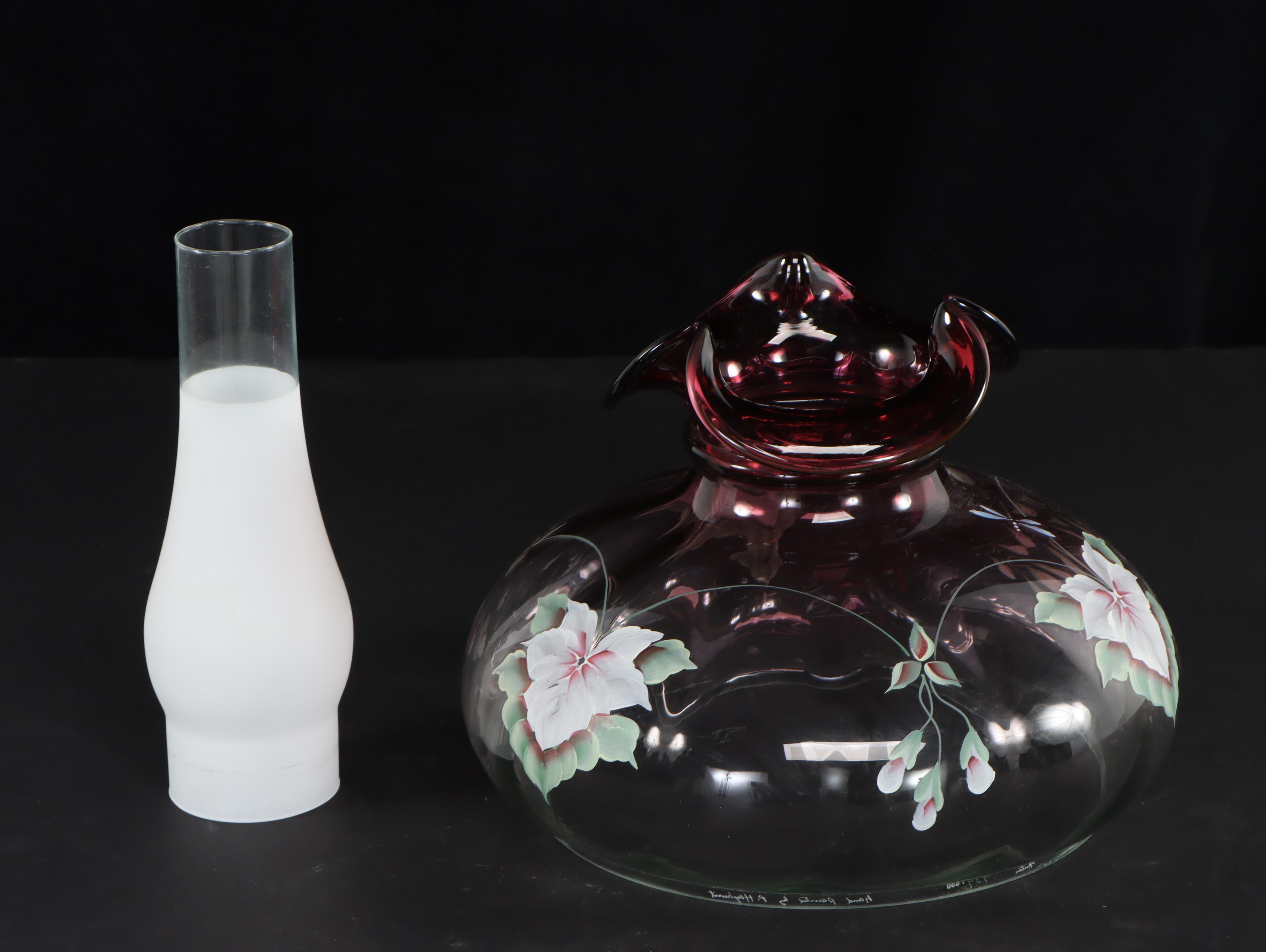 Fenton Rubina Verde Hand-Painted Glass Oil Lamp Style Table Lamp