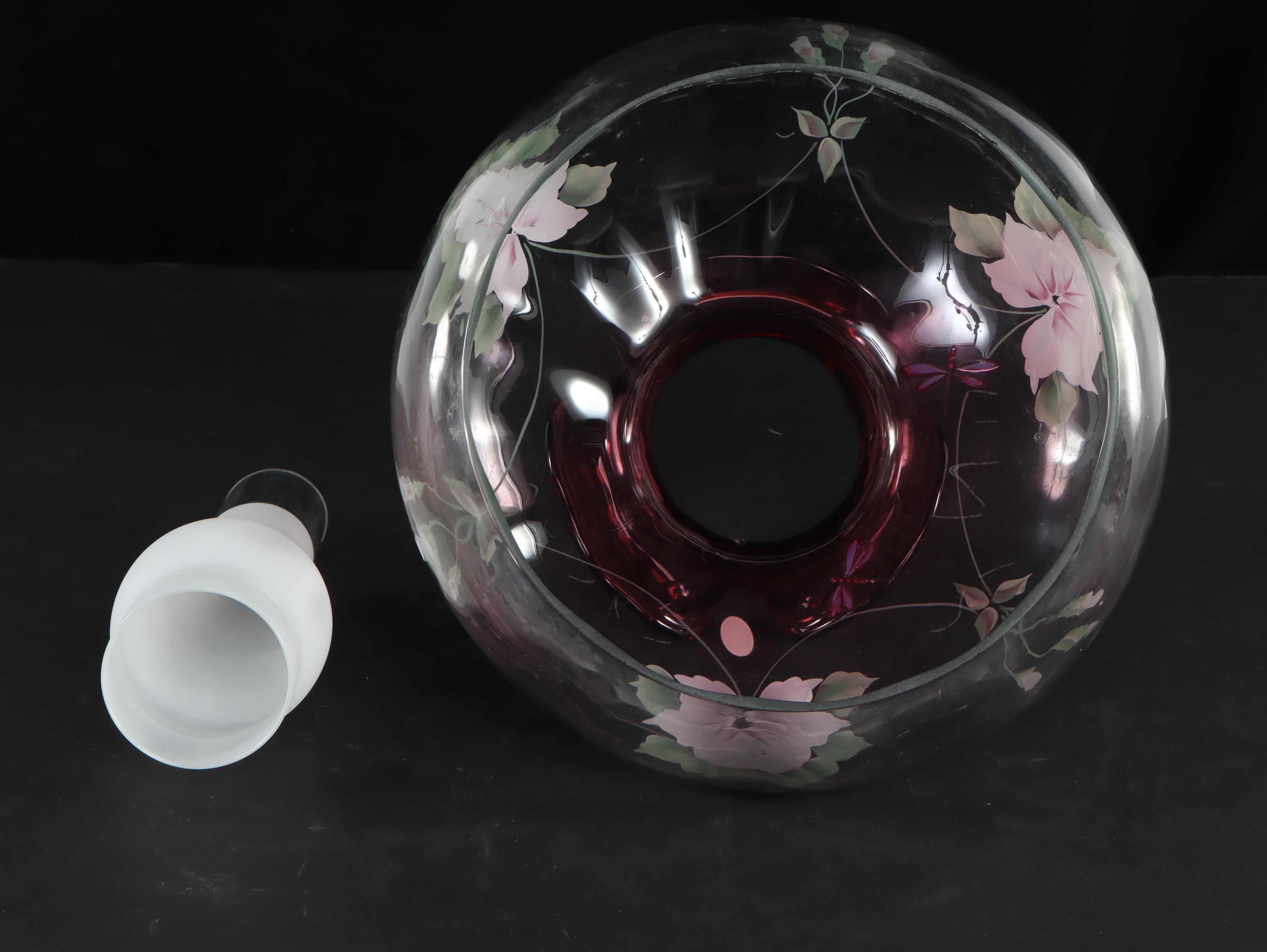 Fenton Rubina Verde Hand-Painted Glass Oil Lamp Style Table Lamp