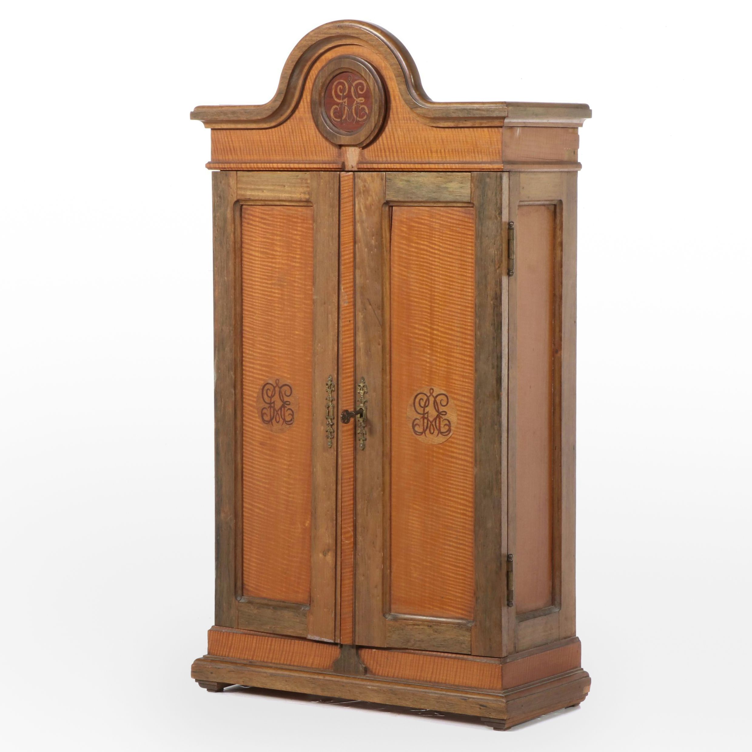 Bespoke Tiger Maple and Monogram Marquetry Humidor Cabinet, Circa 1900