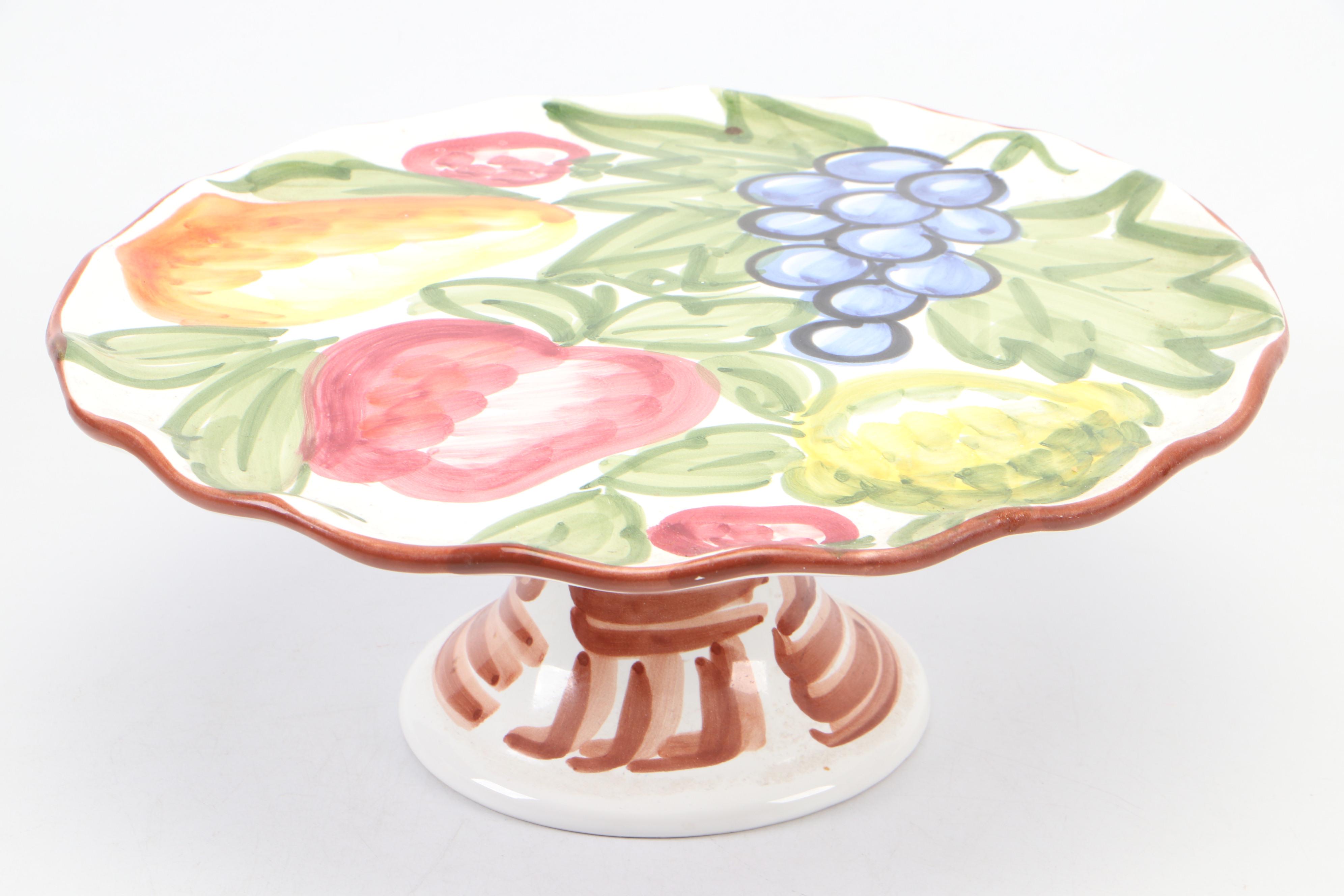 Present Tense and Royal Tuscan Majolica Style Cake Stands with Other Tableware