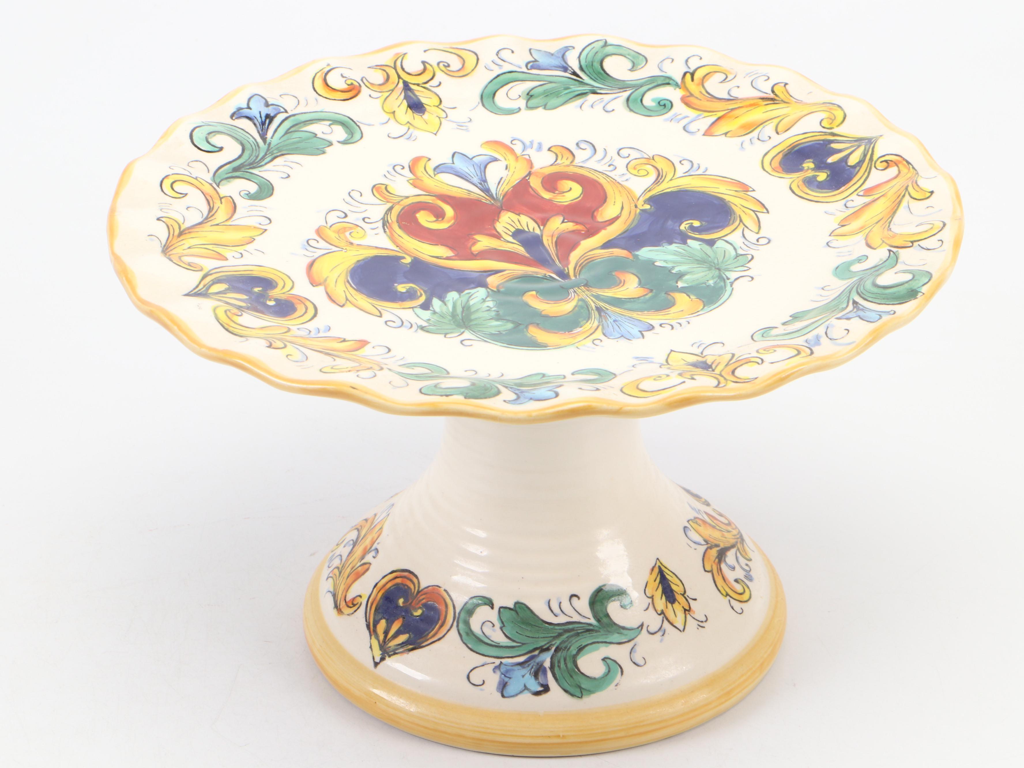 Present Tense and Royal Tuscan Majolica Style Cake Stands with Other Tableware