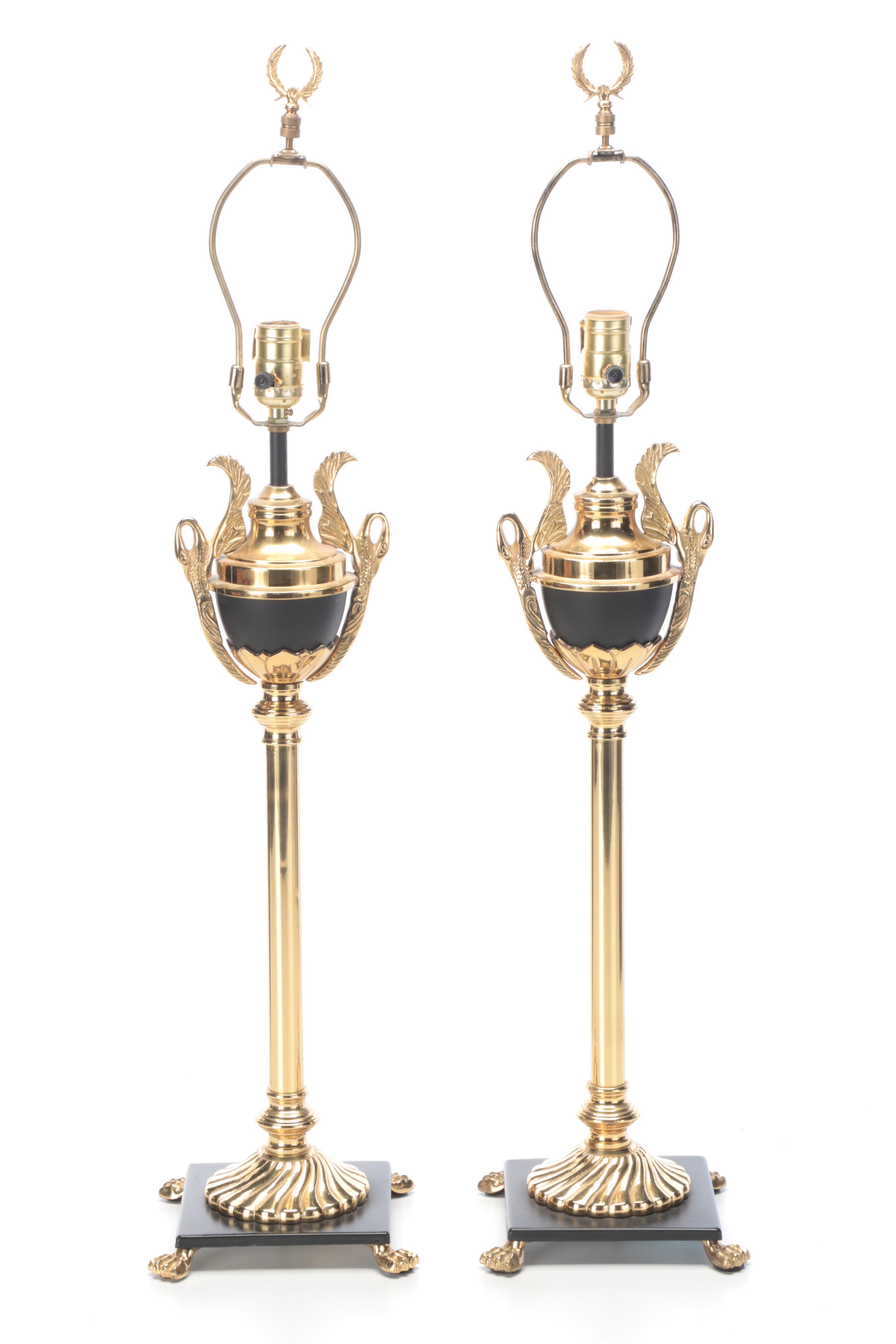 Neoclassical Style Brass Table Lamps with Laurel Leaf Motif Brass Finials