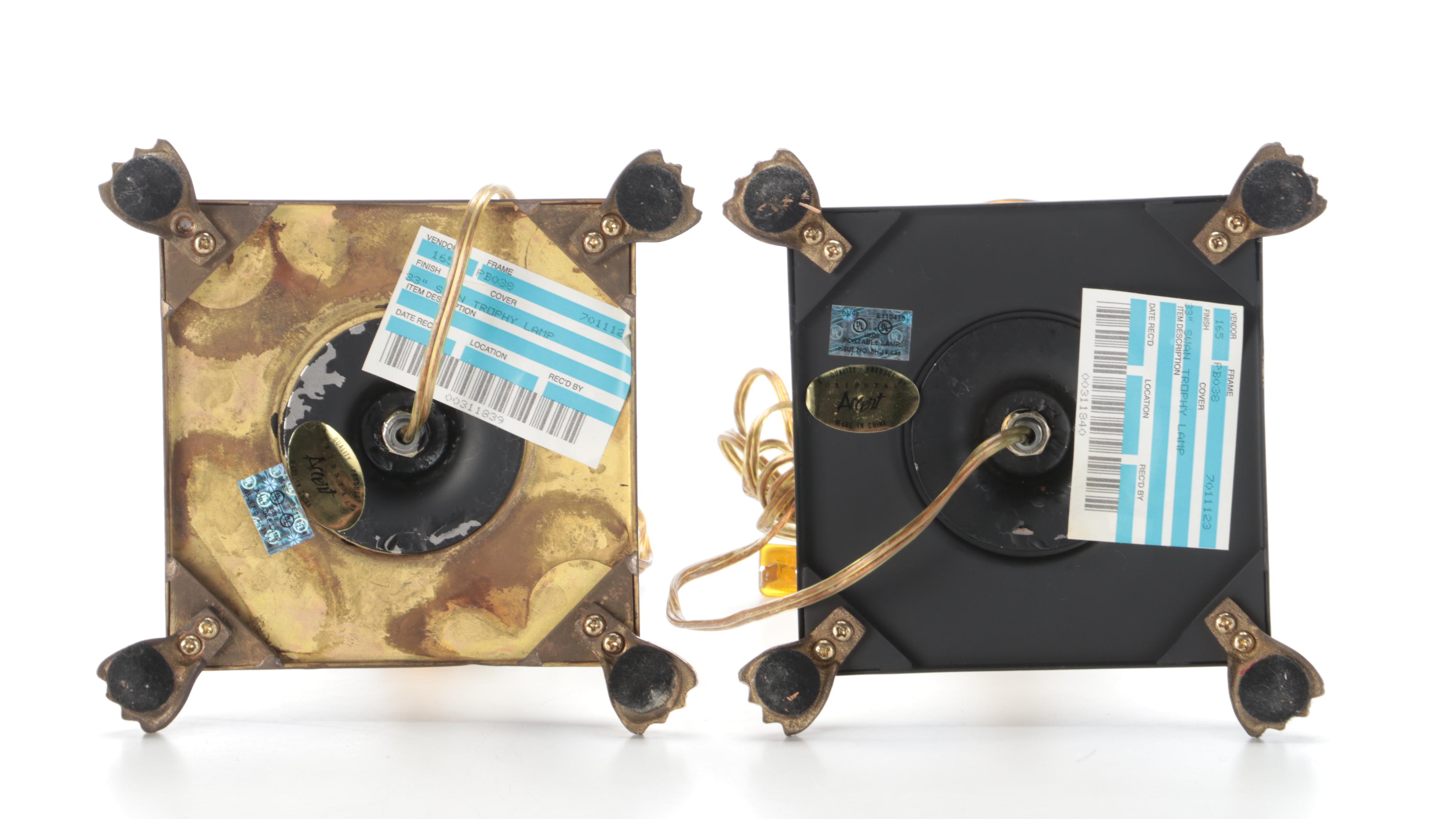 Neoclassical Style Brass Table Lamps with Laurel Leaf Motif Brass Finials