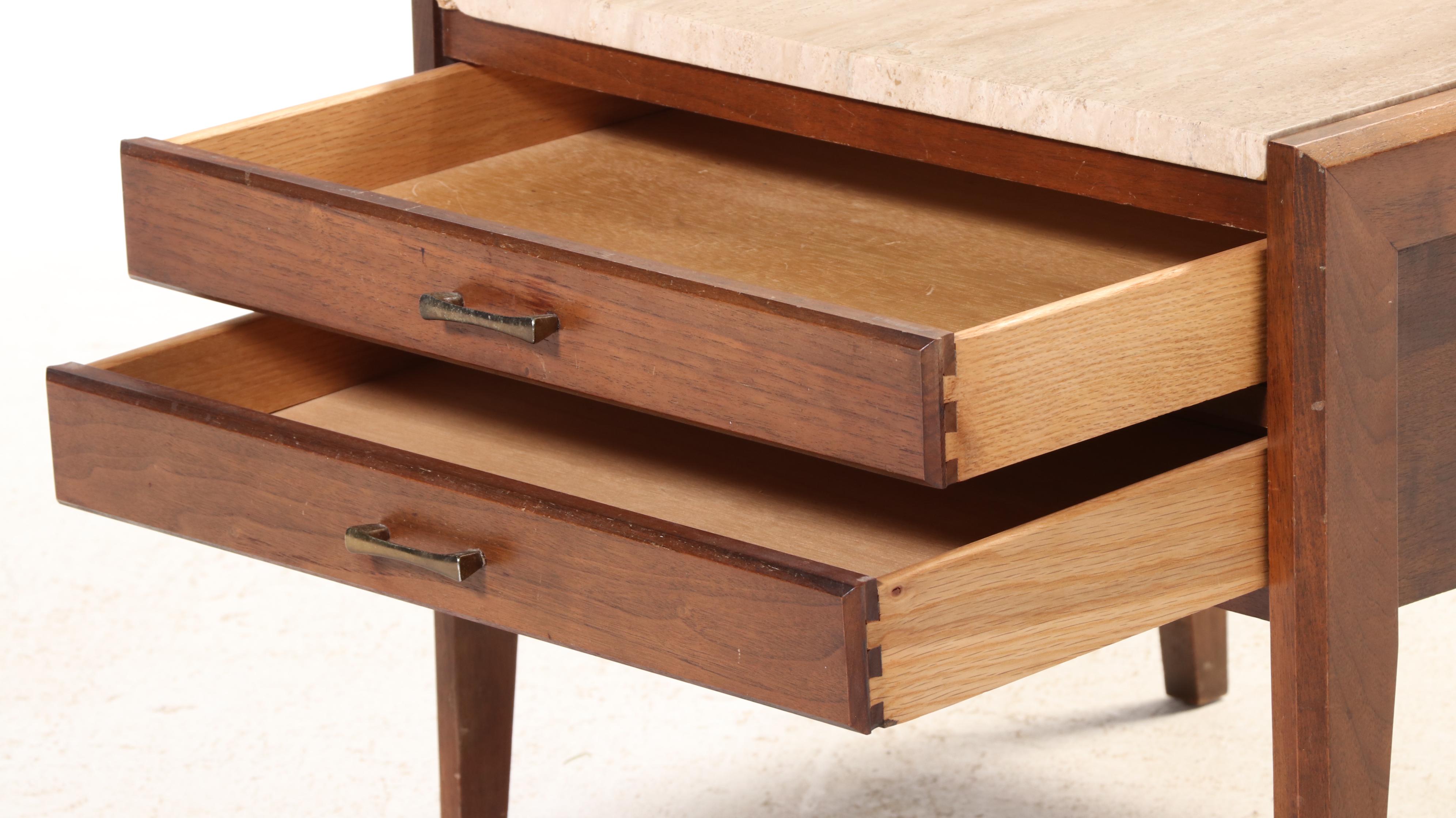 Hammary Mid Century Modern Walnut and Travertine Top Side Table